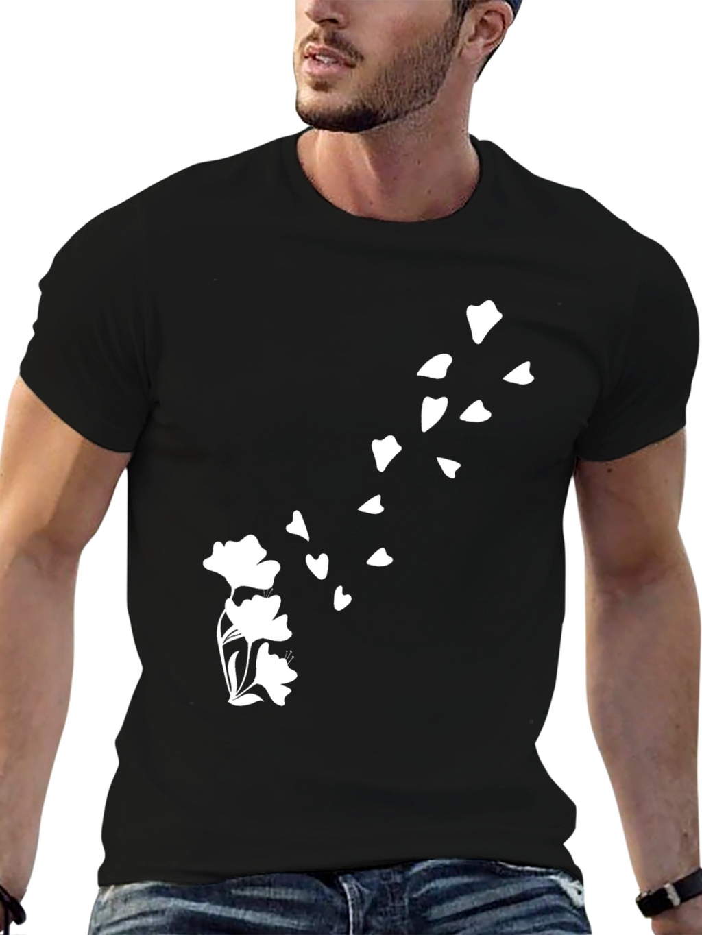 Mens Black T-Shirt with Floral Blossom Design