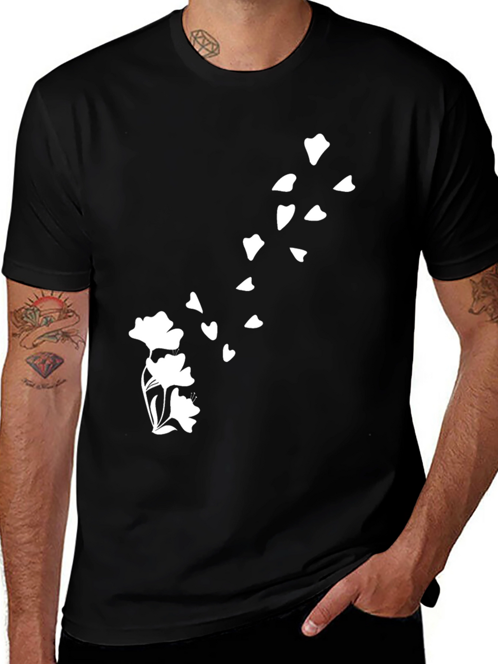 Mens Black T-Shirt with Floral Blossom Design