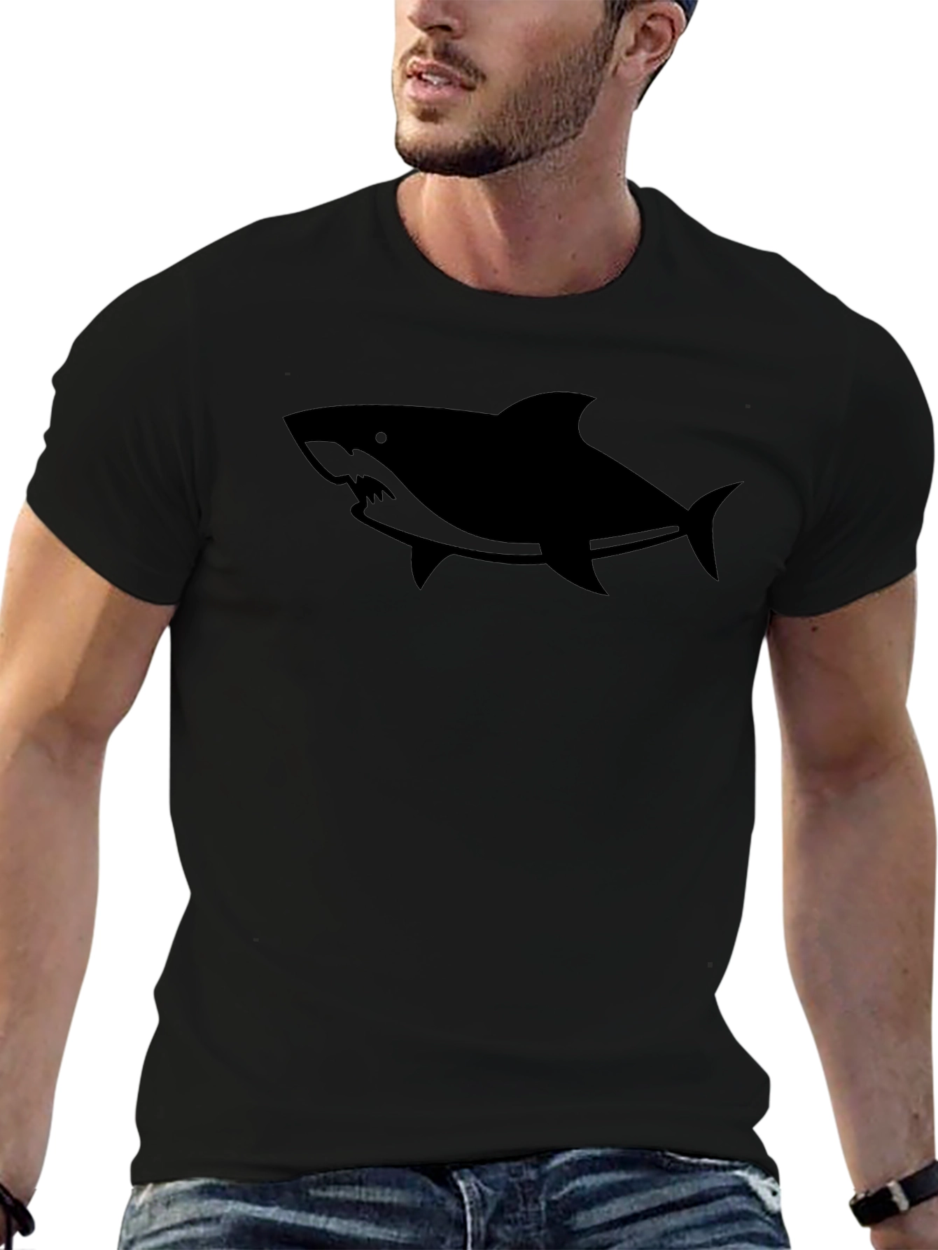 Mens Black Shark Graphic Tee - Casual Cotton T-Shirt