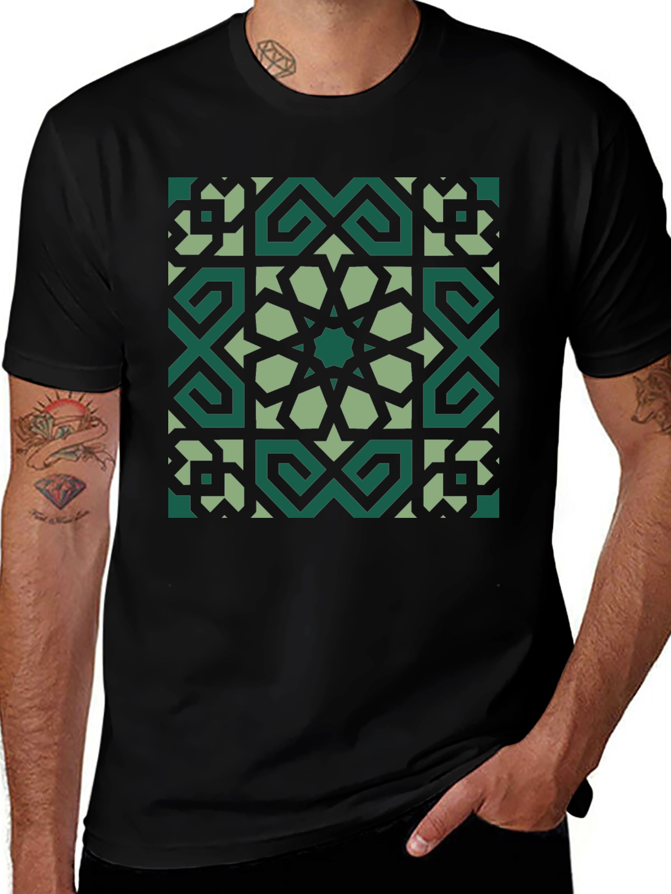 Geometric Pattern Graphic Tee - Black