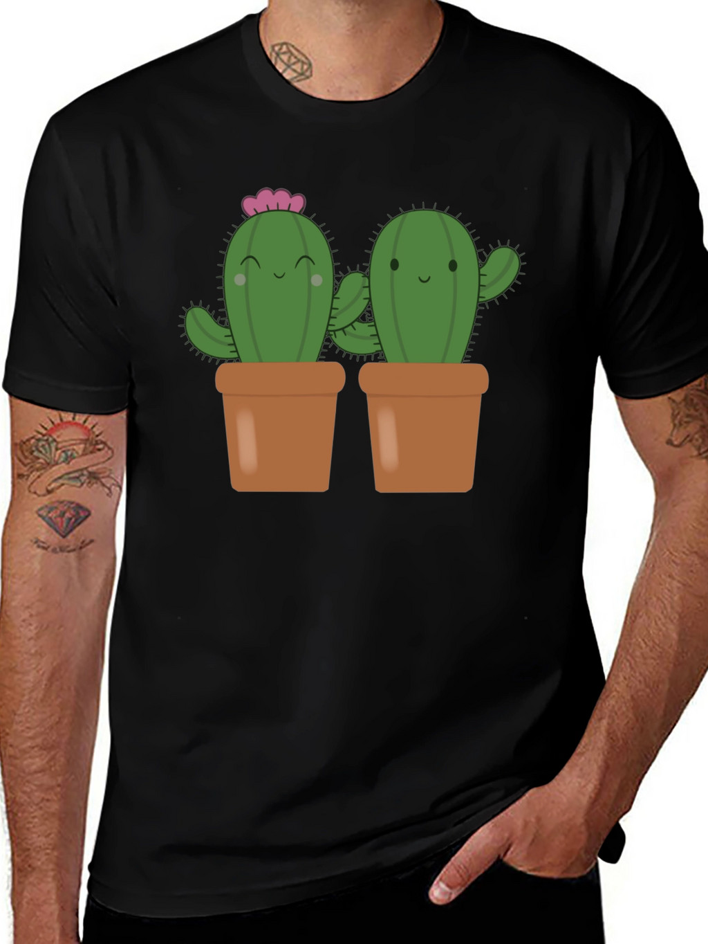 Cute Cactus in Pots Black T-Shirt