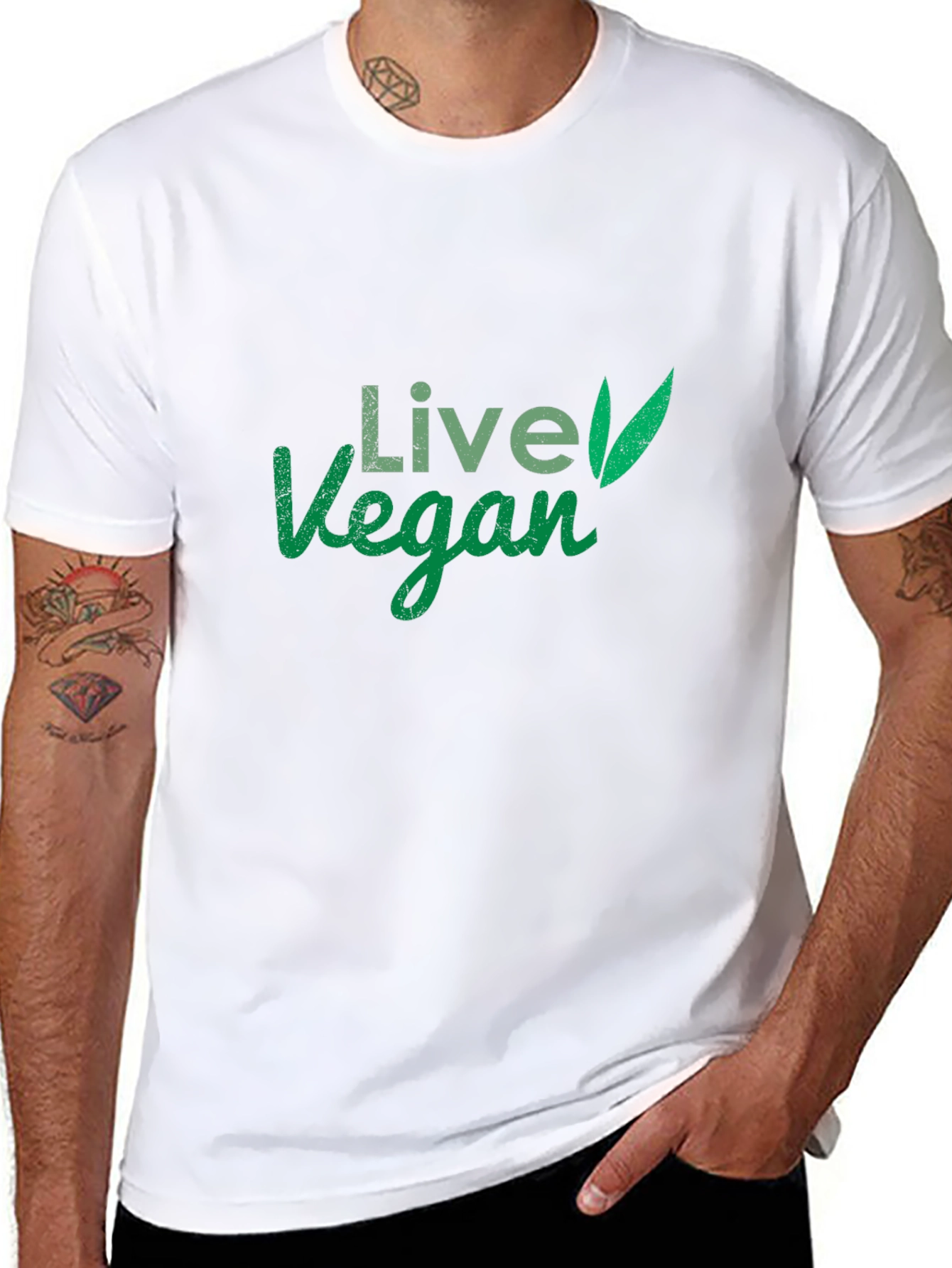 Live Vegan T-Shirt: Green Leaf Design Comfortable Fit