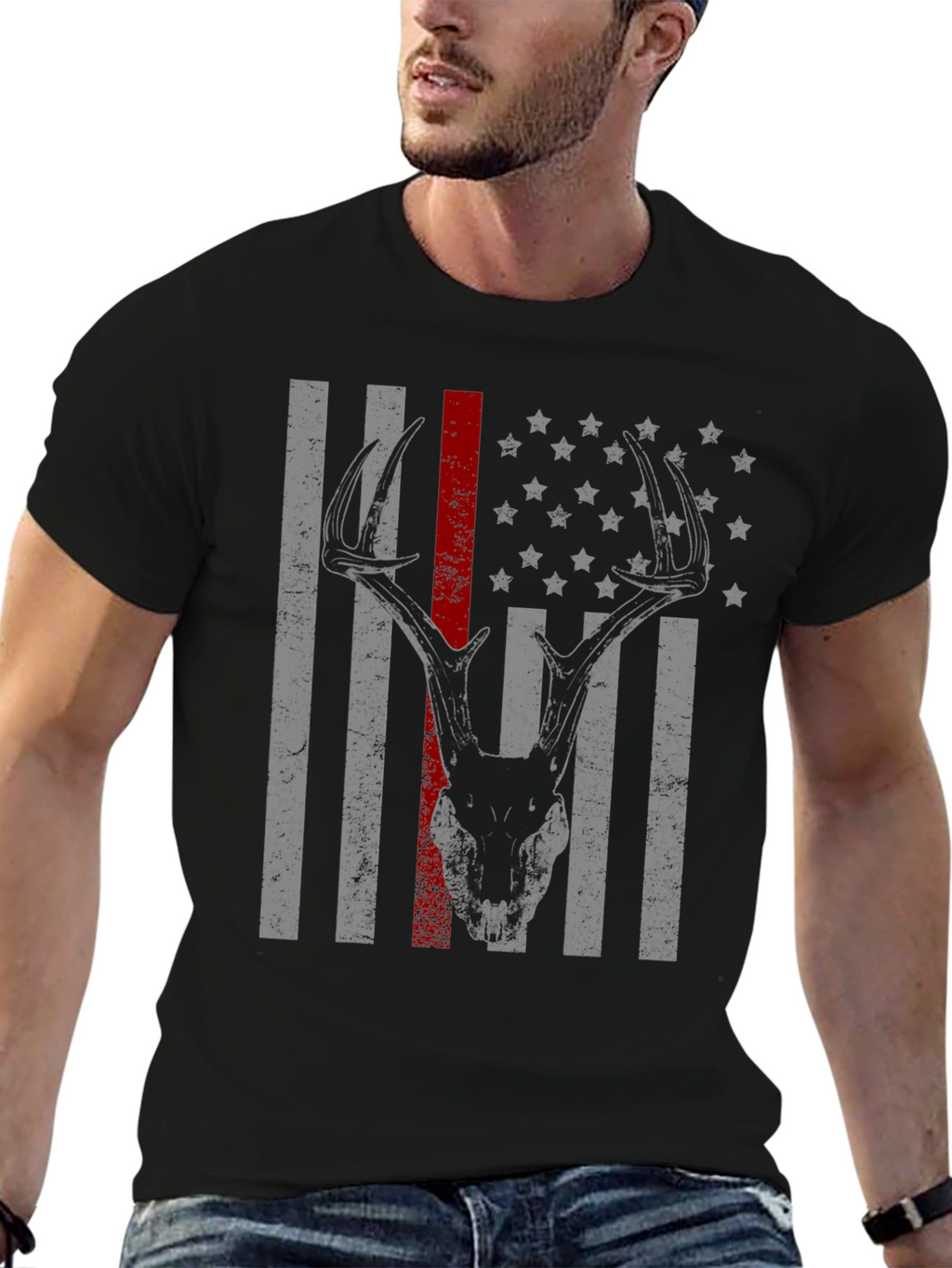 Deer Skull American Flag Graphic T-Shirt