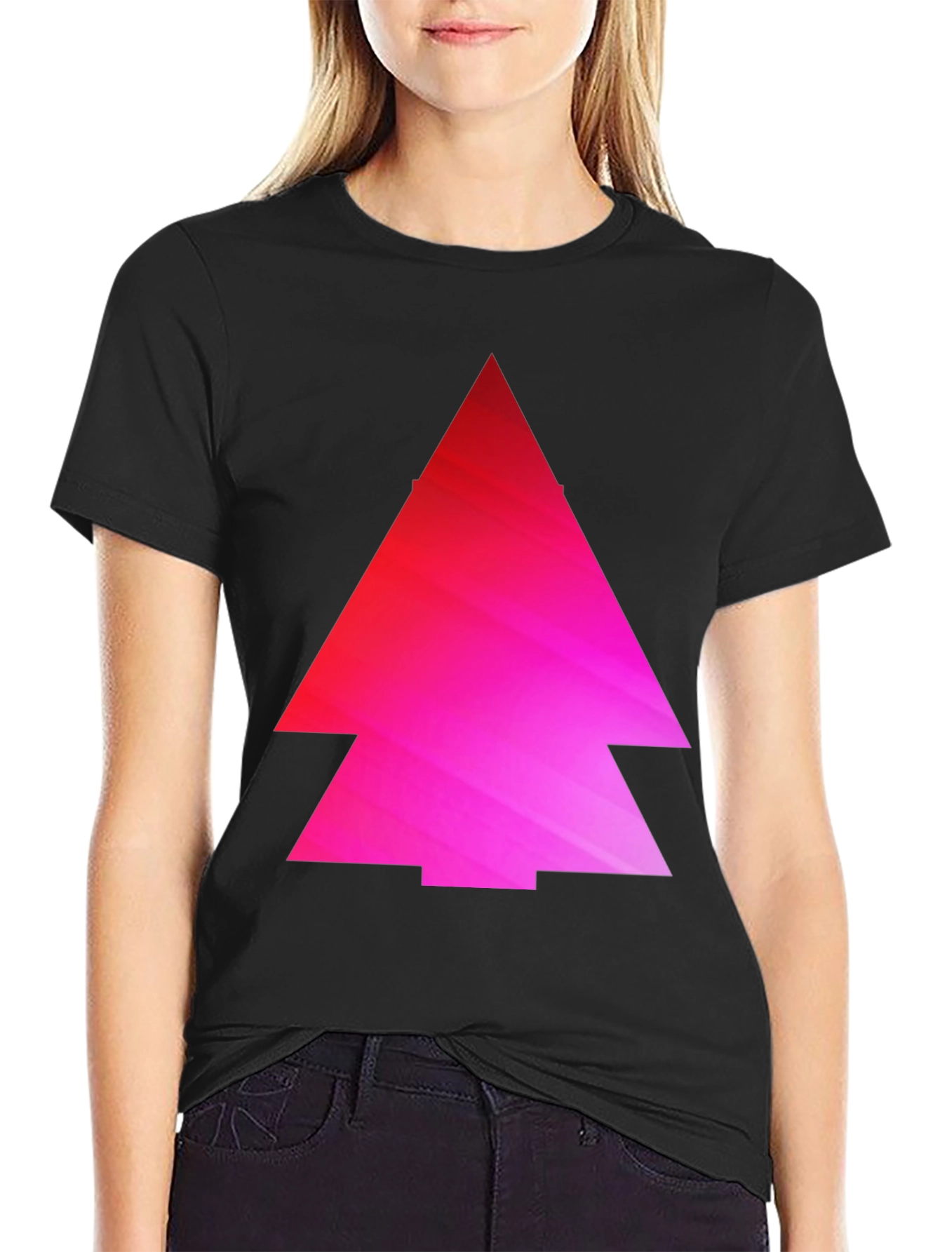 Geometric Pink Gradient Tree Black T-Shirt