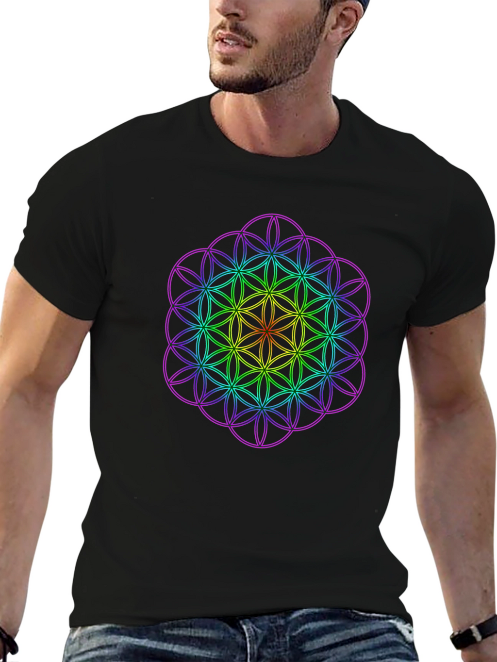 Geometric Rainbow Flower of Life Mens T-Shirt