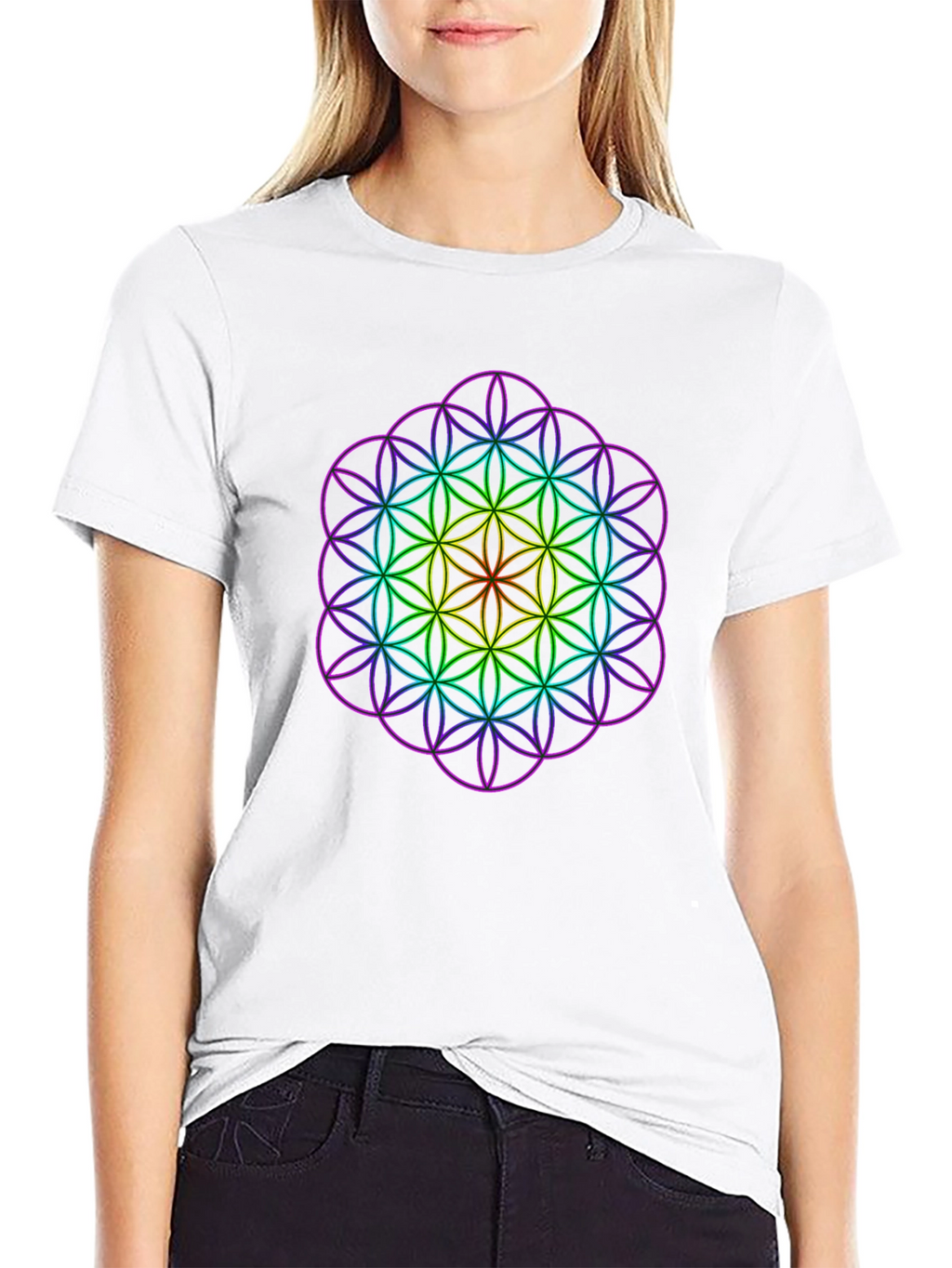 Geometric Rainbow Flower of Life Mens T-Shirt