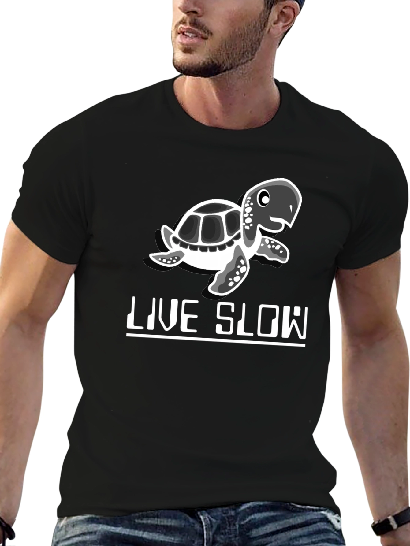 Live Slow Turtle Graphic Tee - Black Cotton Shirt