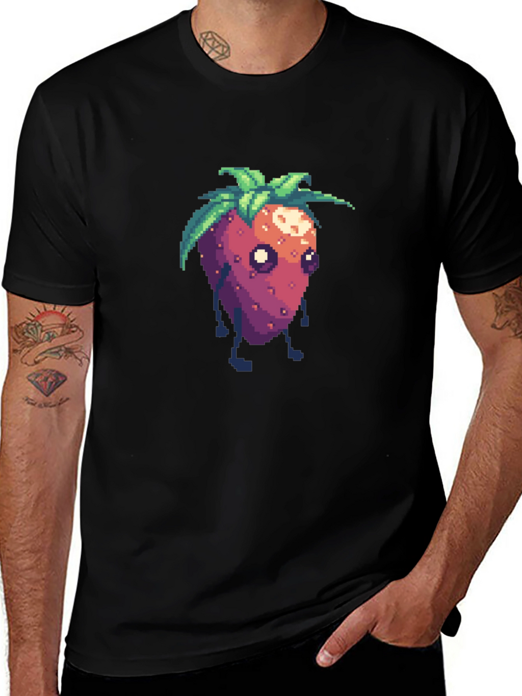 Pixel Strawberry Character Black T-Shirt