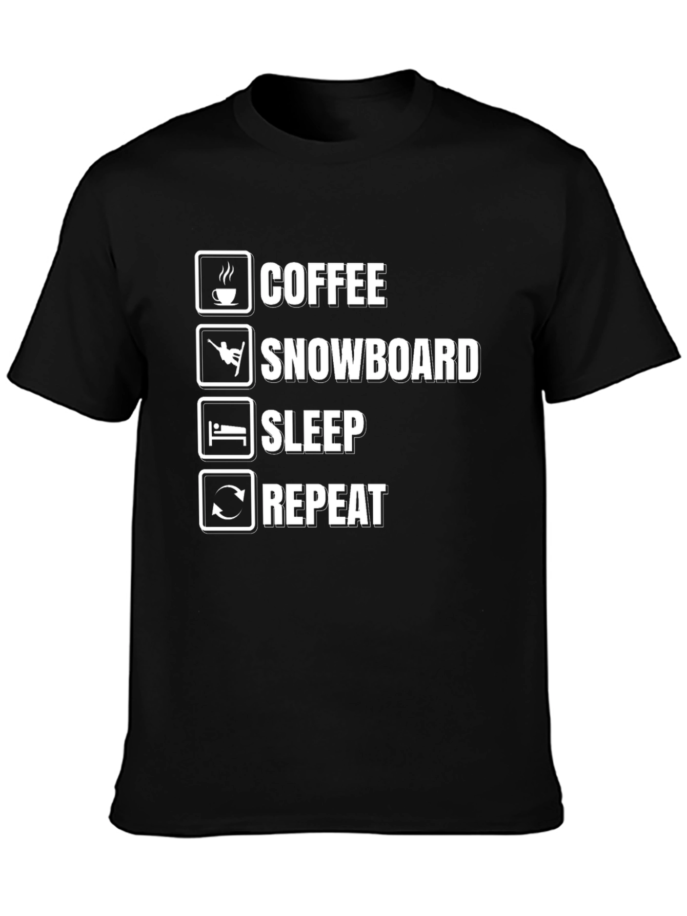 Coffee Snowboard Sleep Repeat Black Graphic T-Shirt