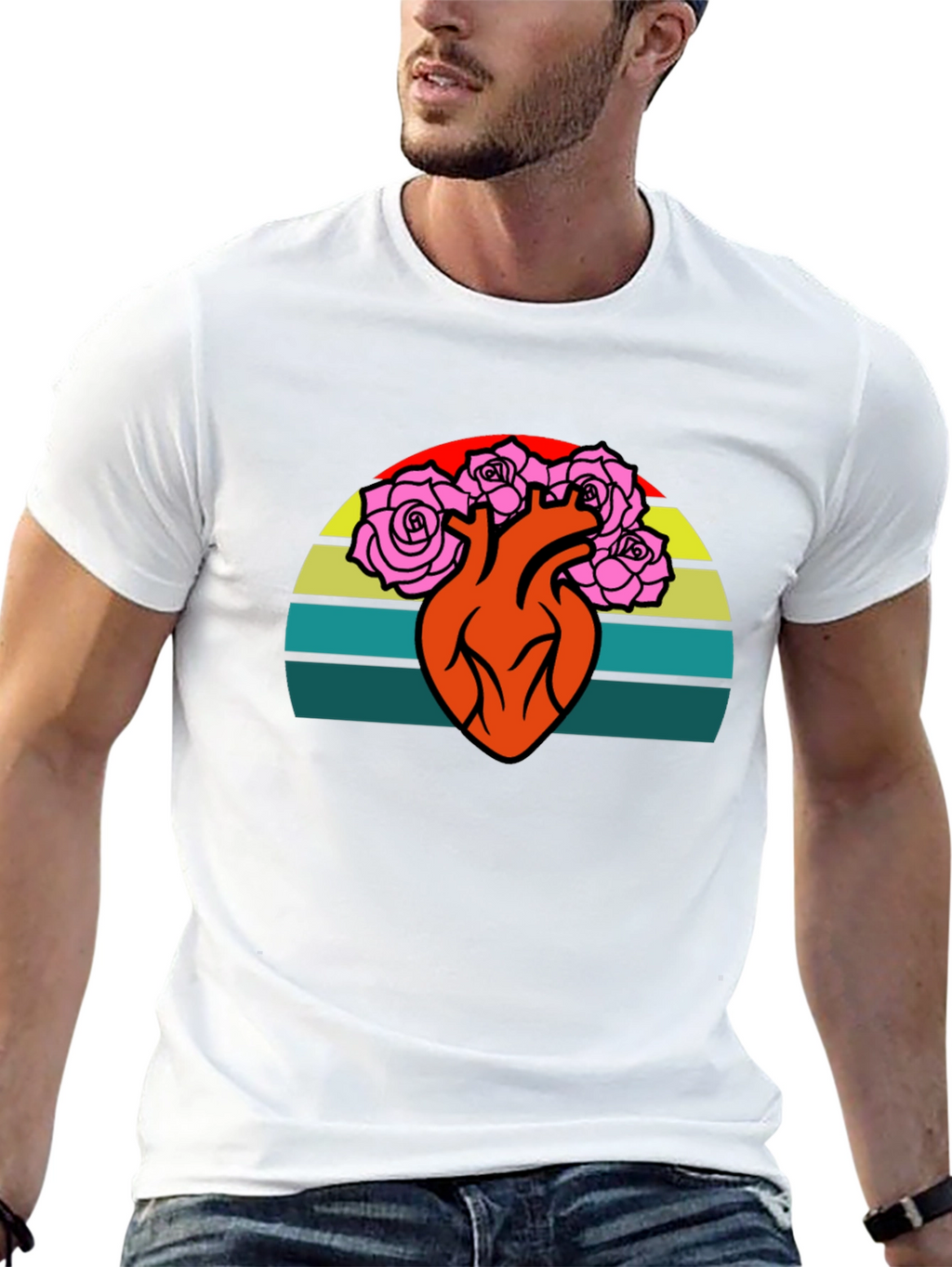 Heart & Roses Graphic Tee - Retro Sunset Design
