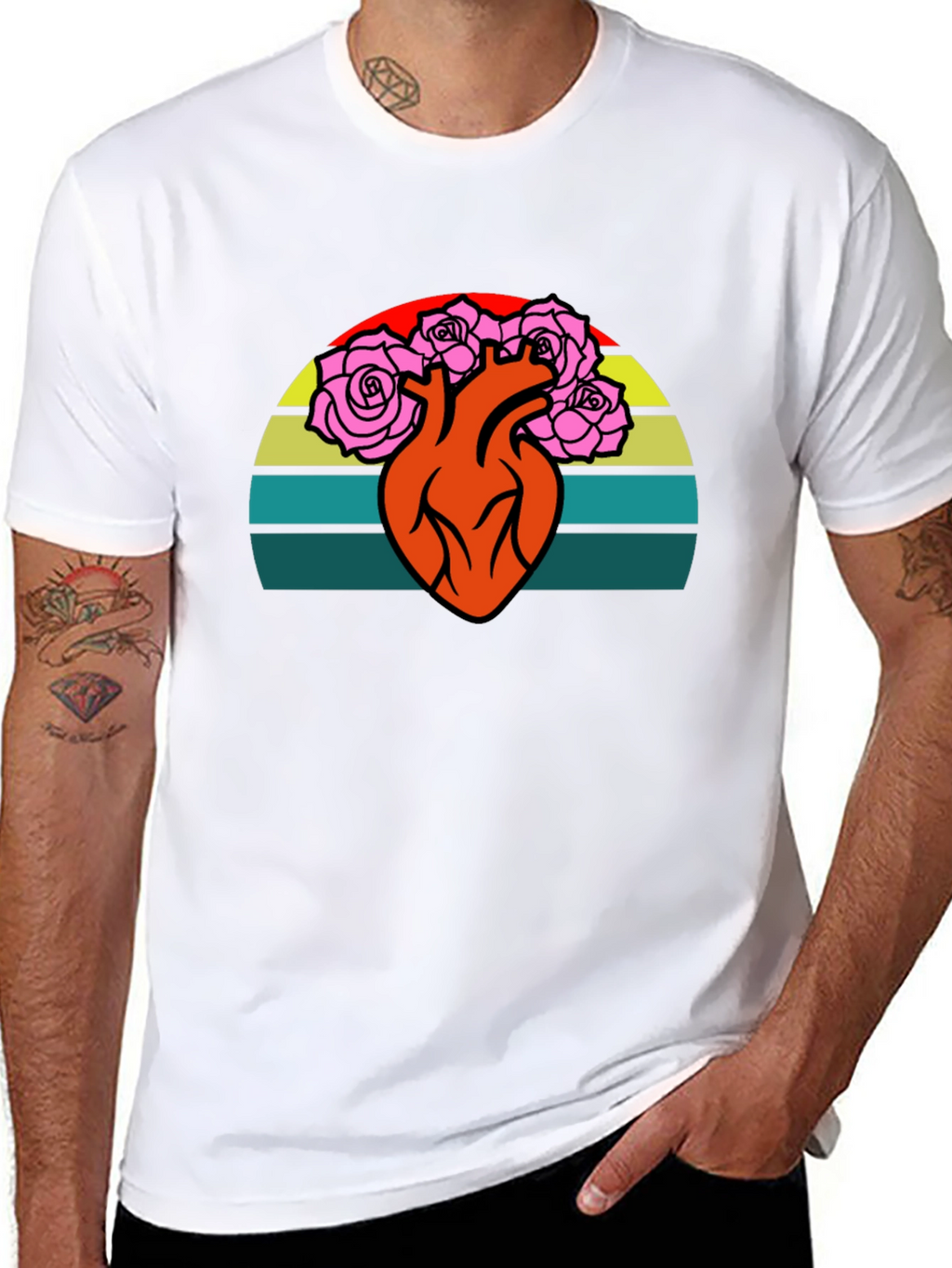 Heart & Roses Graphic Tee - Retro Sunset Design