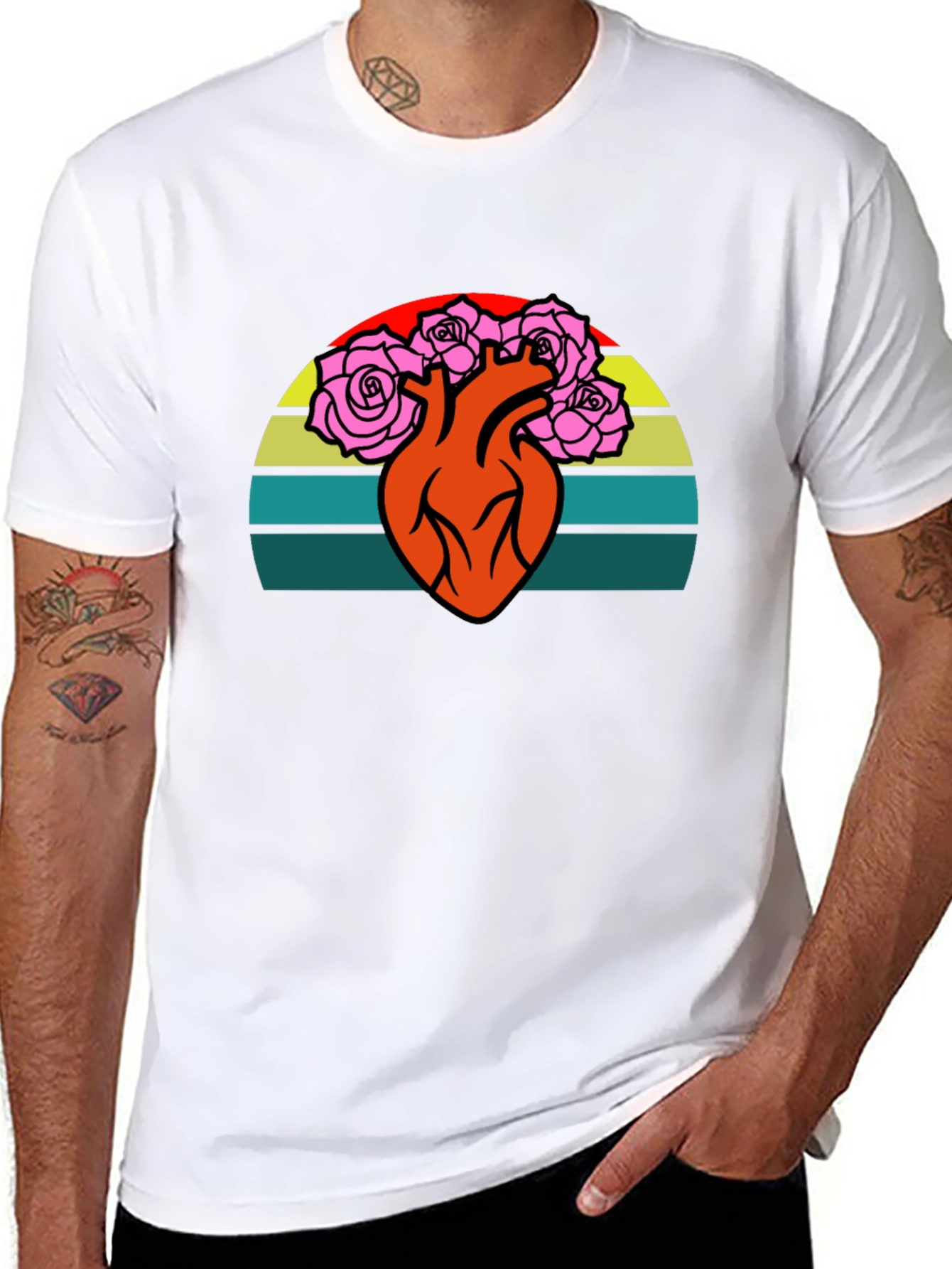 Heart & Roses Graphic Tee - Retro Sunset Design