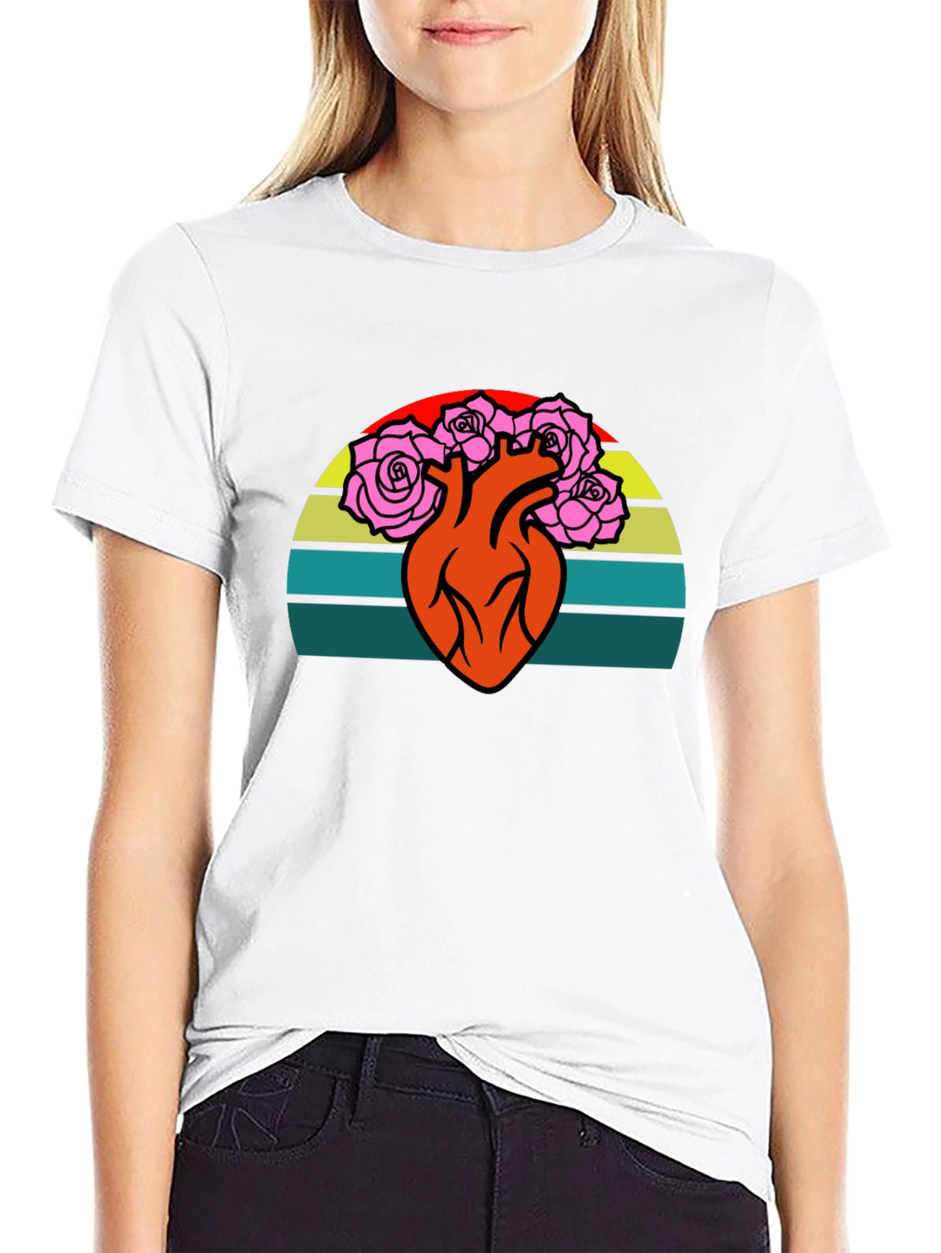 Heart & Roses Graphic Tee - Retro Sunset Design