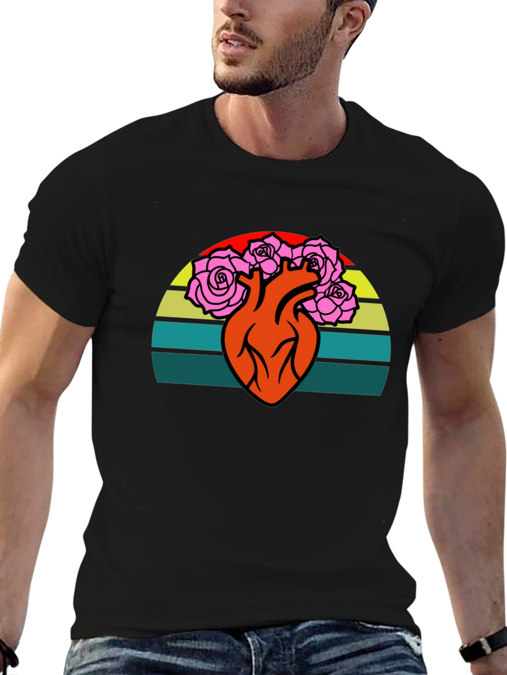 Heart & Roses Graphic Tee - Retro Sunset Design