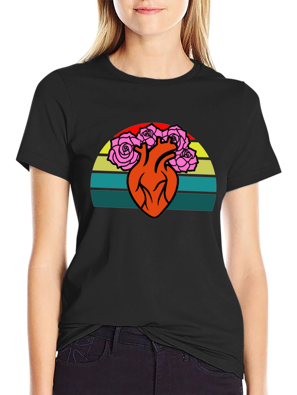 Heart & Roses Graphic Tee - Retro Sunset Design