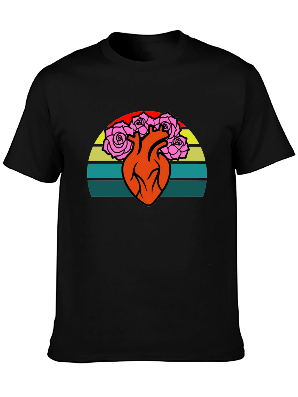 Heart & Roses Graphic Tee - Retro Sunset Design
