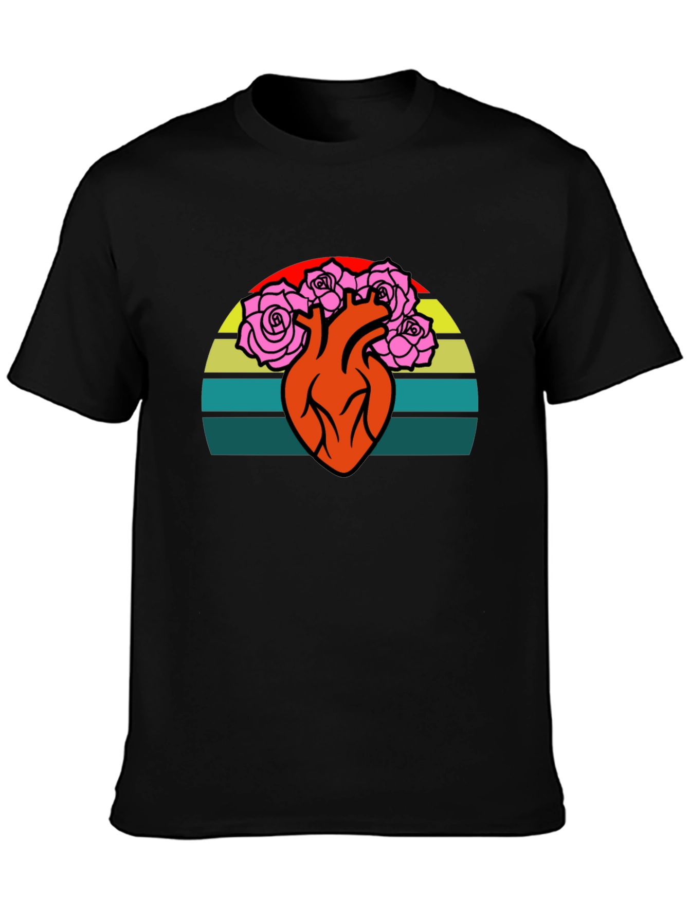 Heart & Roses Graphic Tee - Retro Sunset Design
