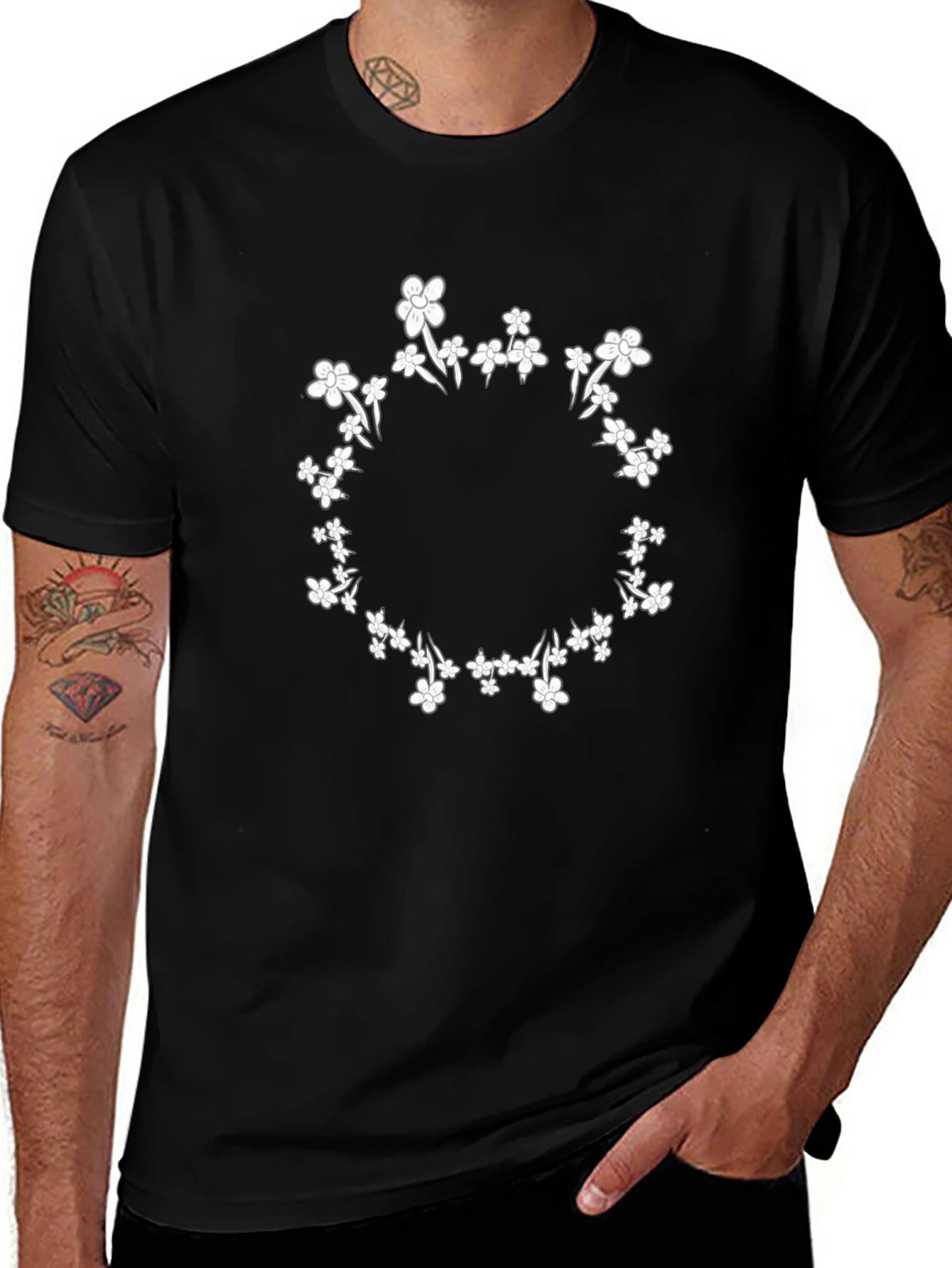 Floral Wreath Graphic Tee - Stylish Black T-Shirt