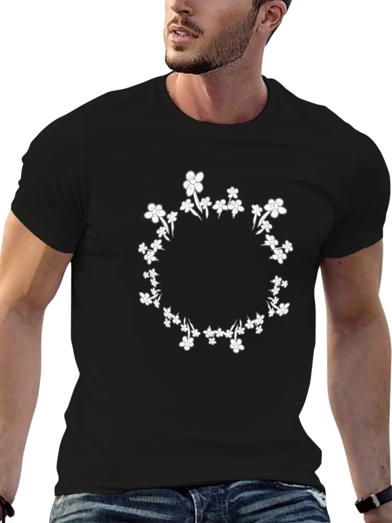 Floral Wreath Graphic Tee - Stylish Black T-Shirt