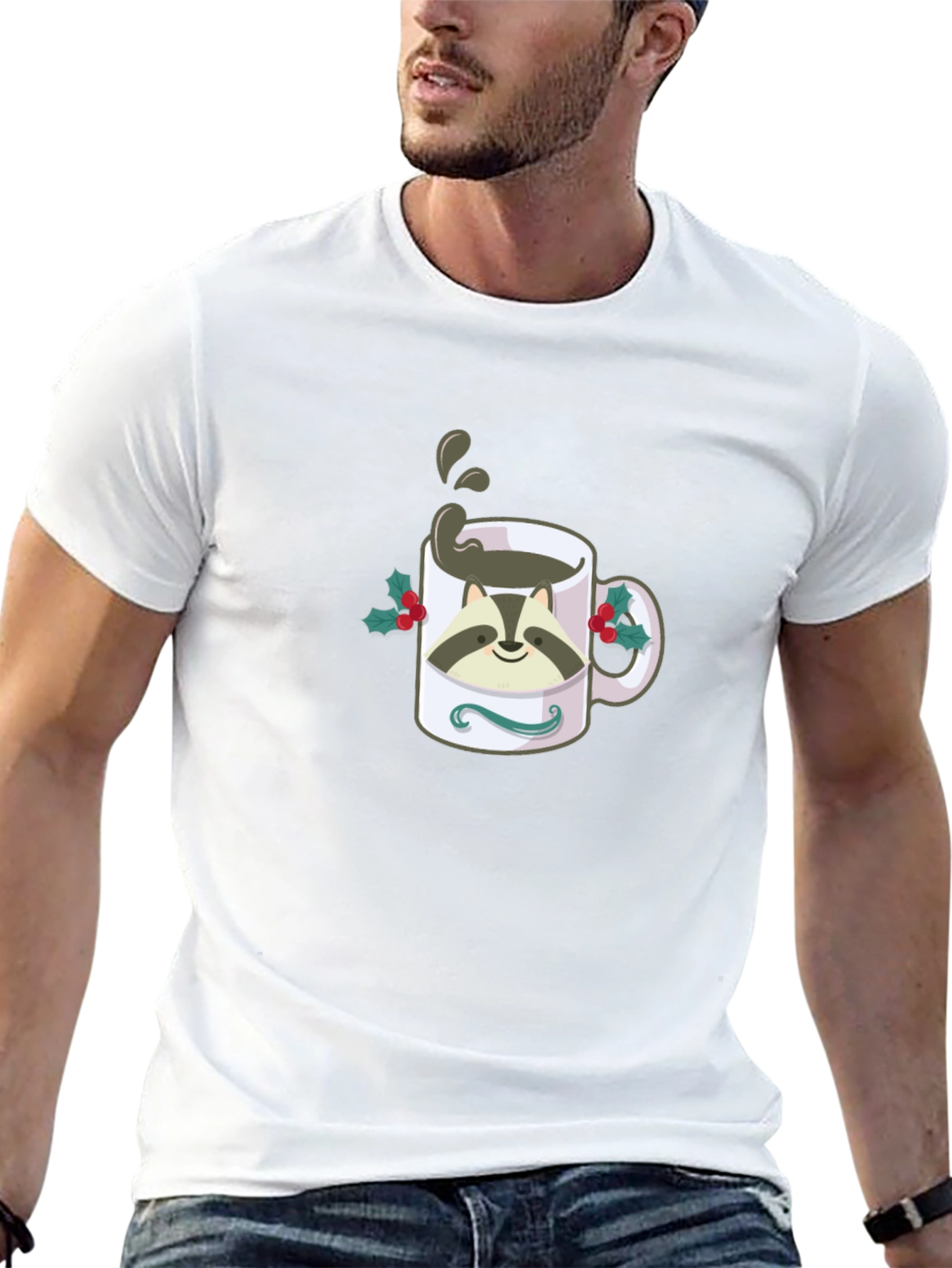 Raccoon Coffee Mug Graphic T-Shirt - Black