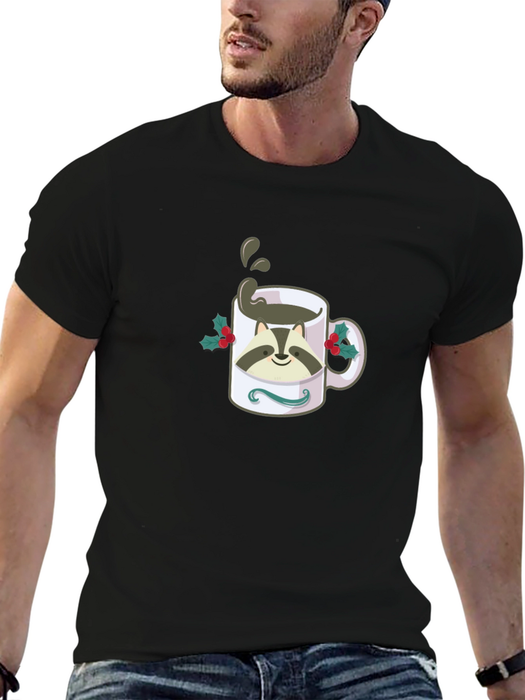 Raccoon Coffee Mug Graphic T-Shirt - Black