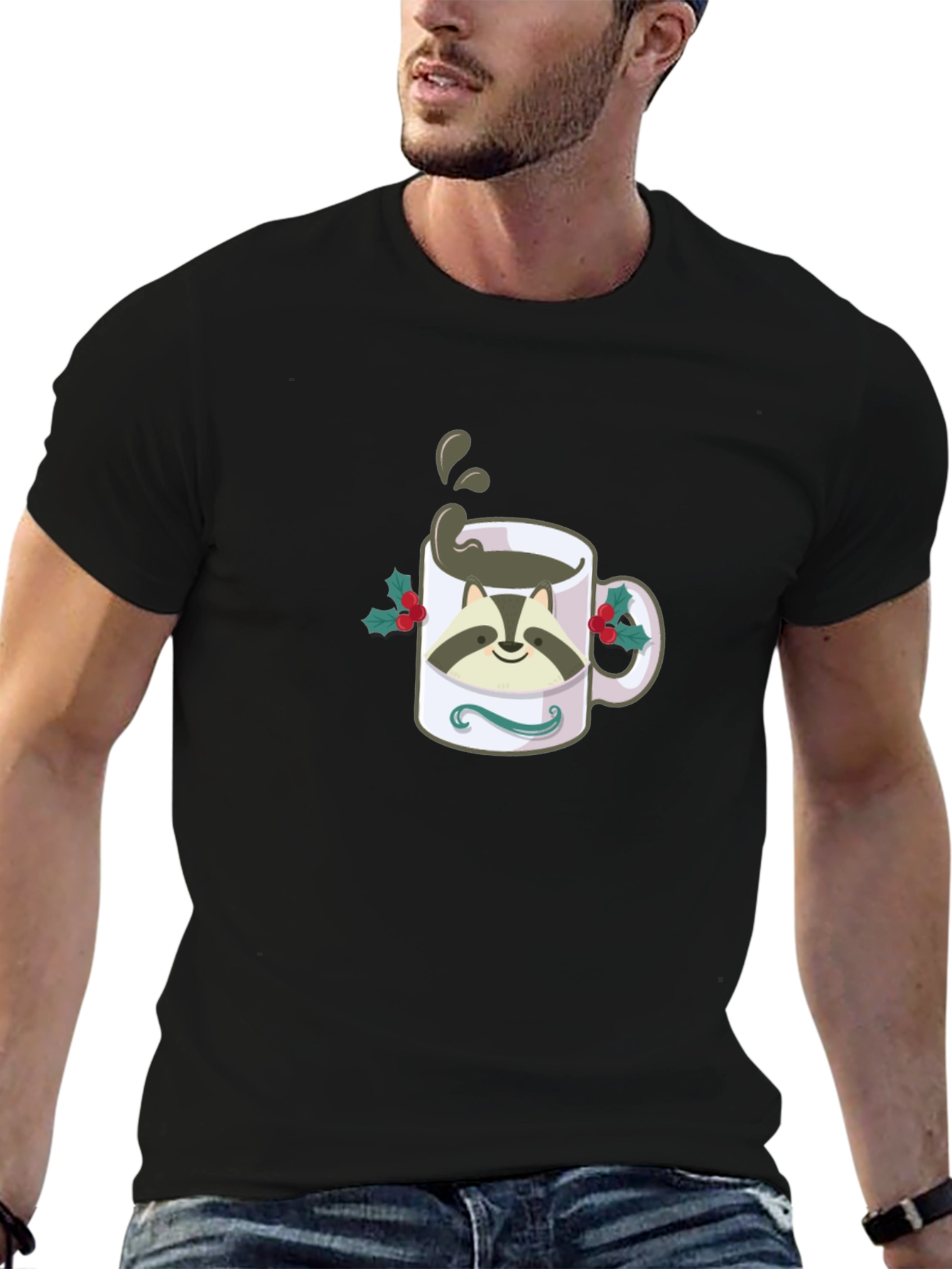 Raccoon Coffee Mug Graphic T-Shirt - Black