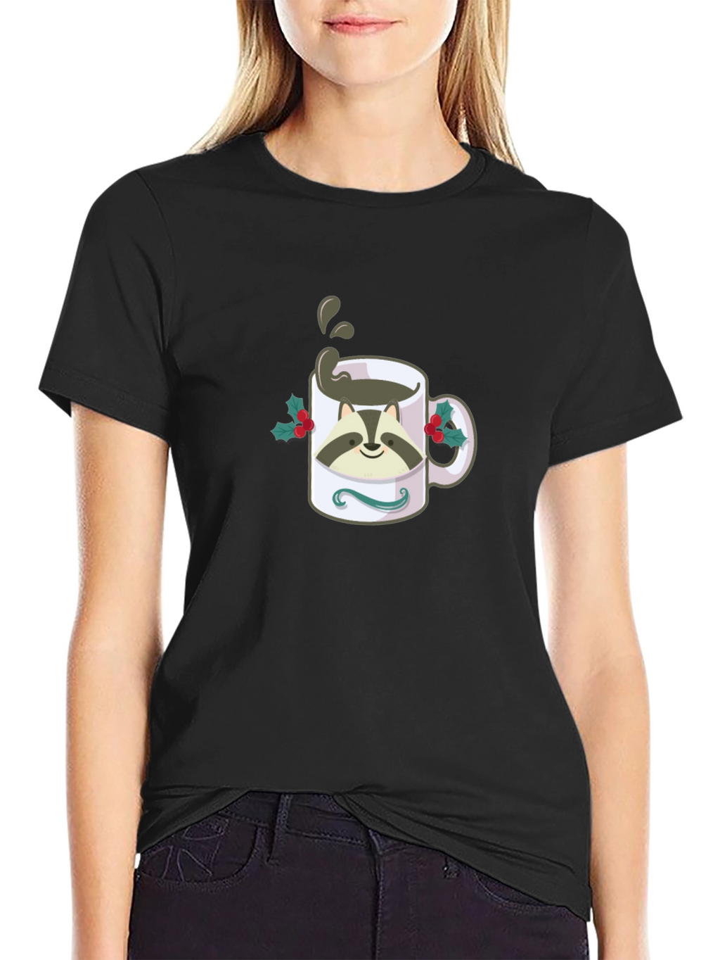 Raccoon Coffee Mug Graphic T-Shirt - Black