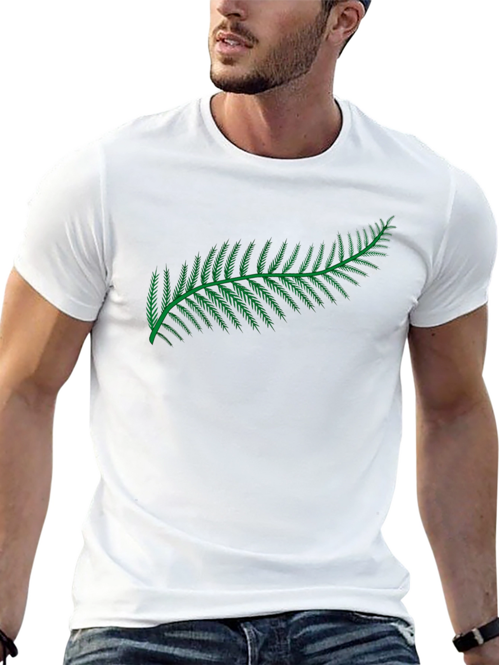 Black T-Shirt with Green Fern Design