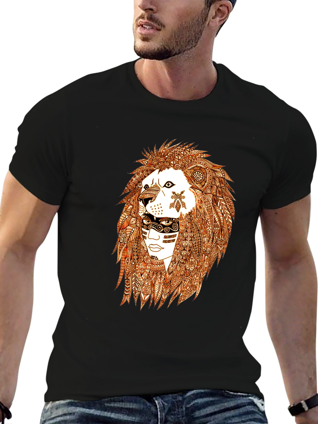 Lion & Tribal Face Graphic Tee - Black
