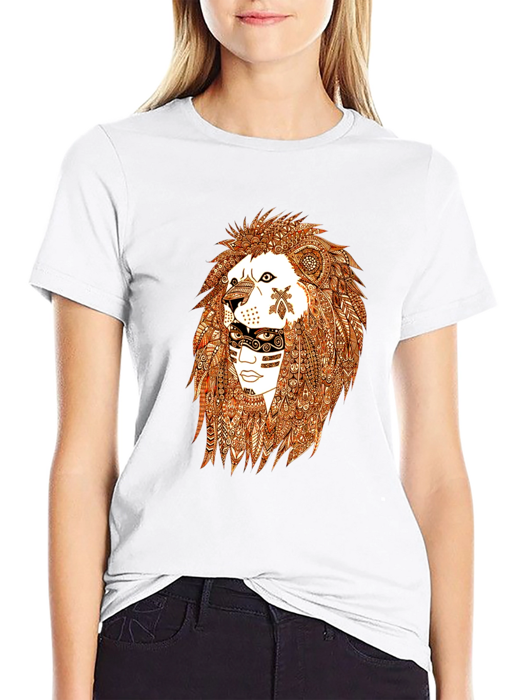 Lion & Tribal Face Graphic Tee - Black