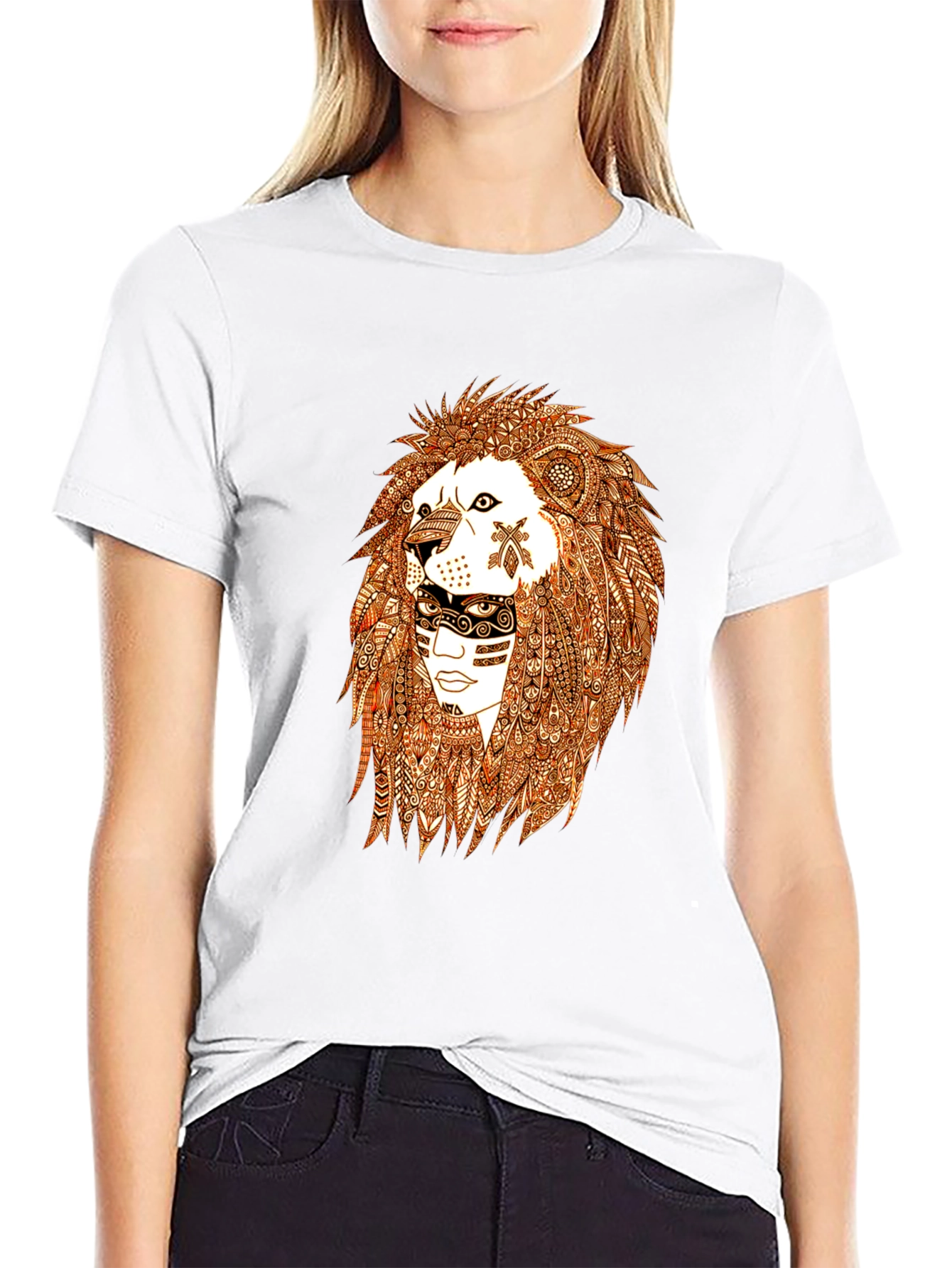 Lion & Tribal Face Graphic Tee - Black
