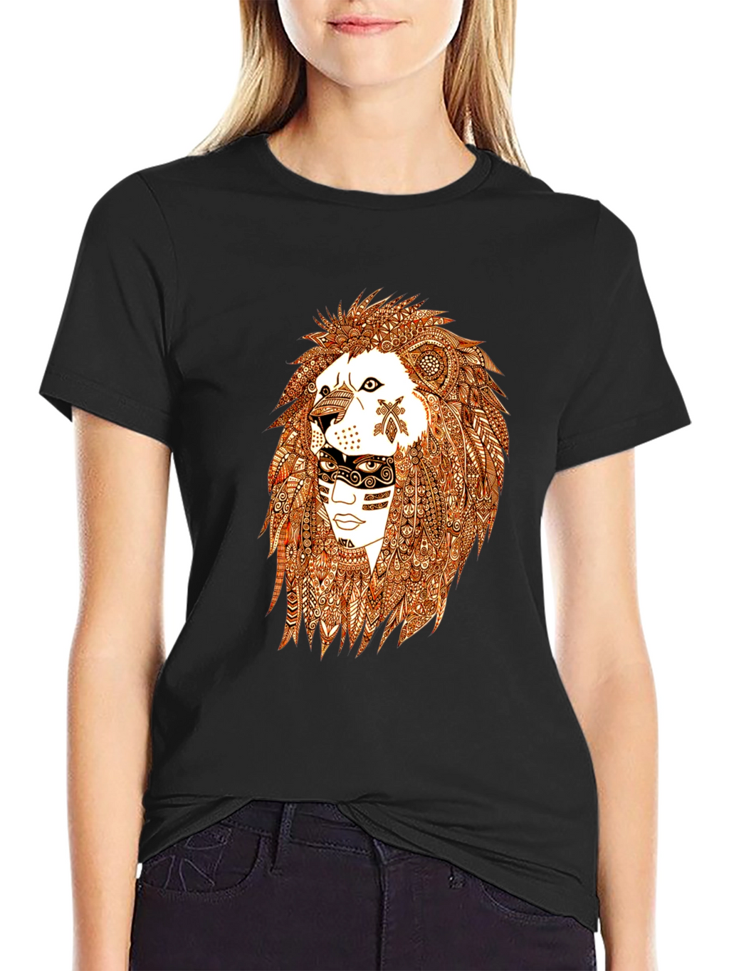 Lion & Tribal Face Graphic Tee - Black