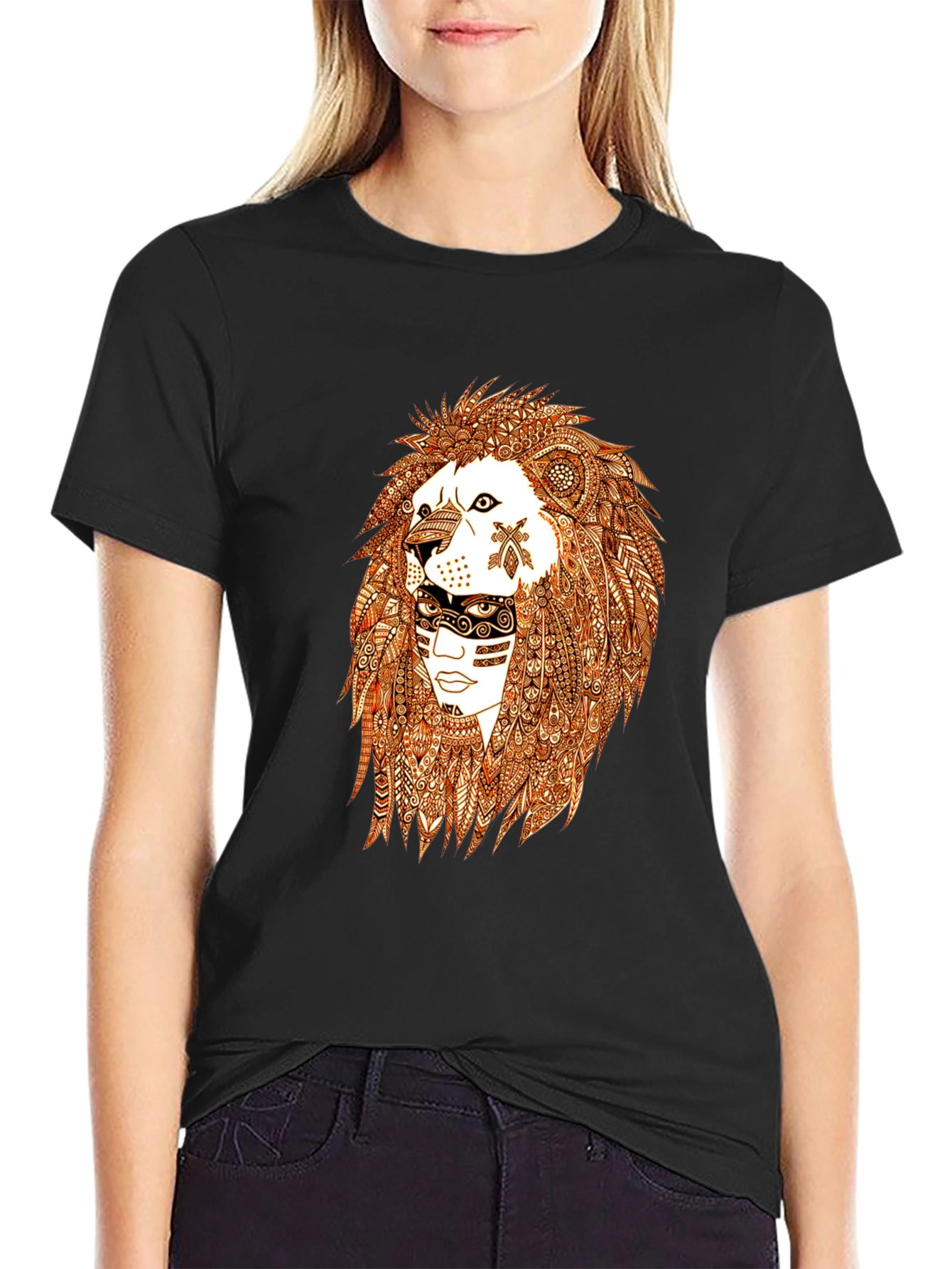 Lion & Tribal Face Graphic Tee - Black