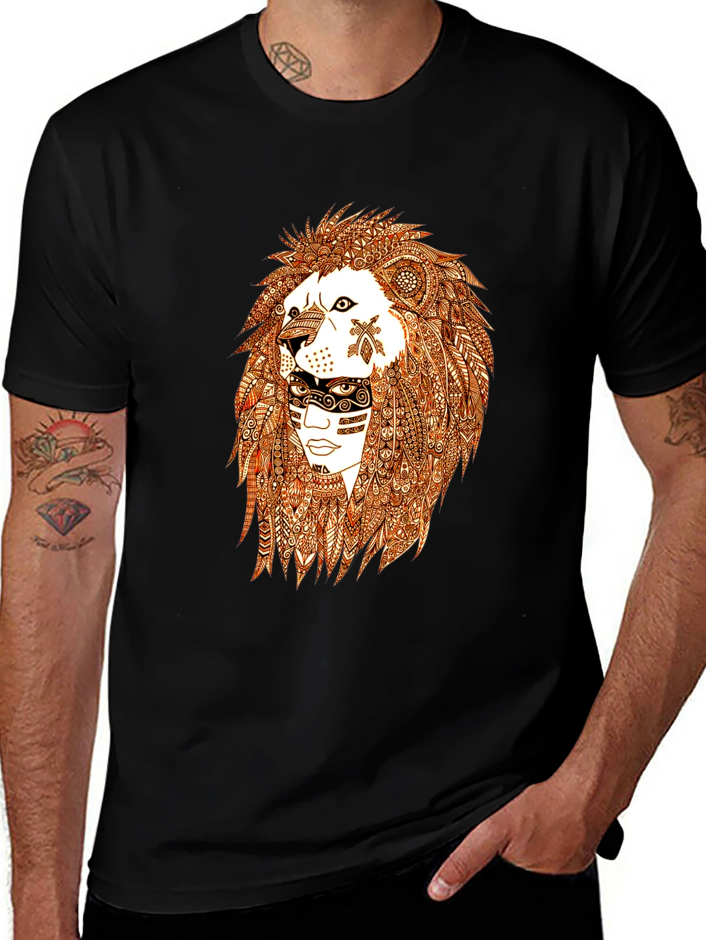 Lion & Tribal Face Graphic Tee - Black