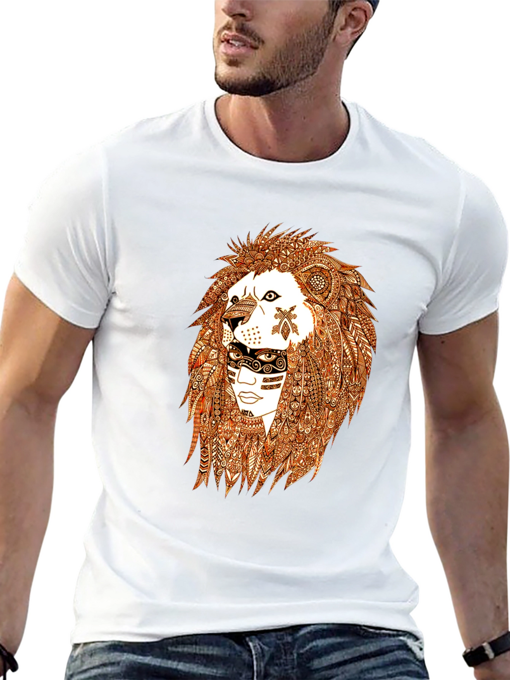 Lion & Tribal Face Graphic Tee - Black