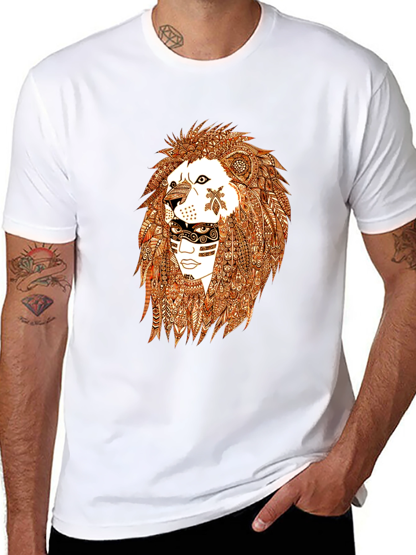 Lion & Tribal Face Graphic Tee - Black