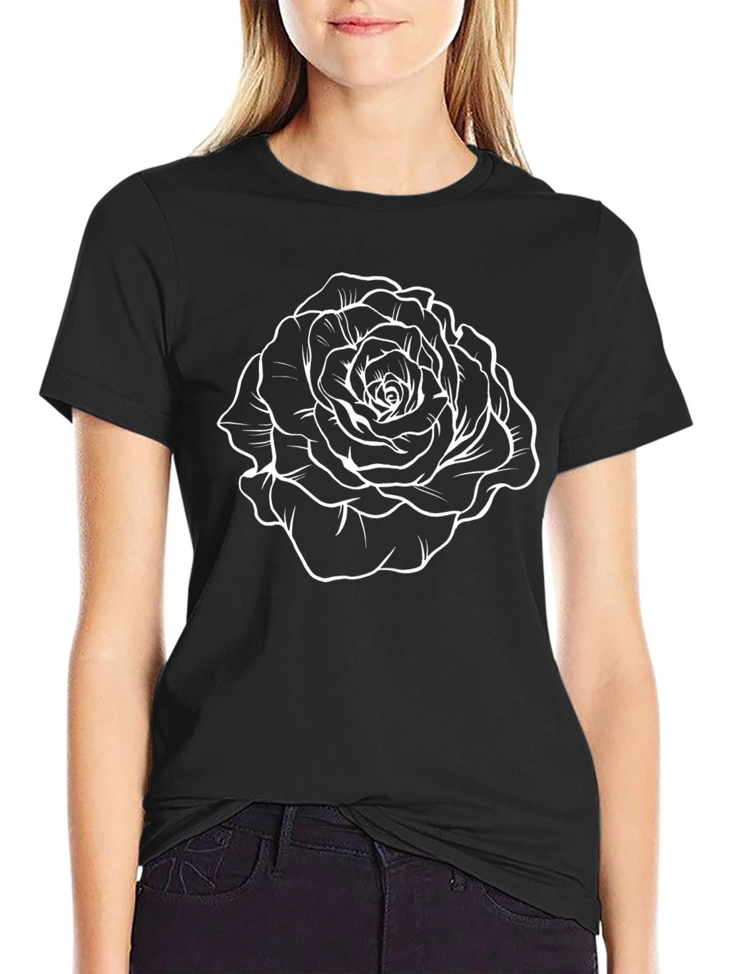 Black T-Shirt with White Rose Graphic