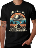 Retro UFO Saturn Mountain Graphic T-Shirt