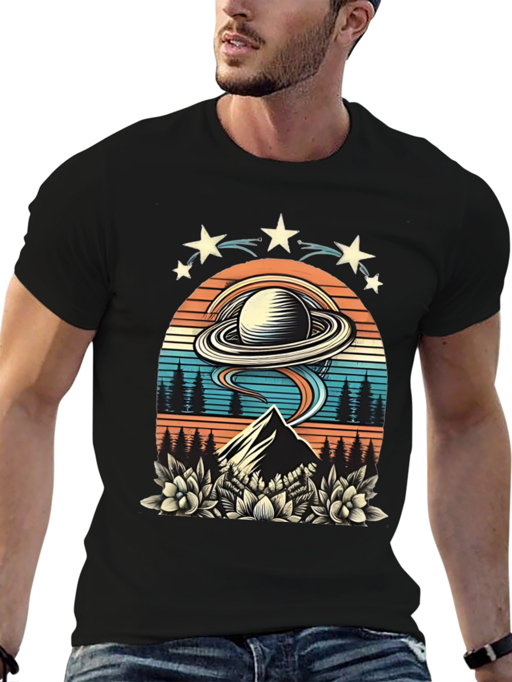 Retro UFO Saturn Mountain Graphic T-Shirt