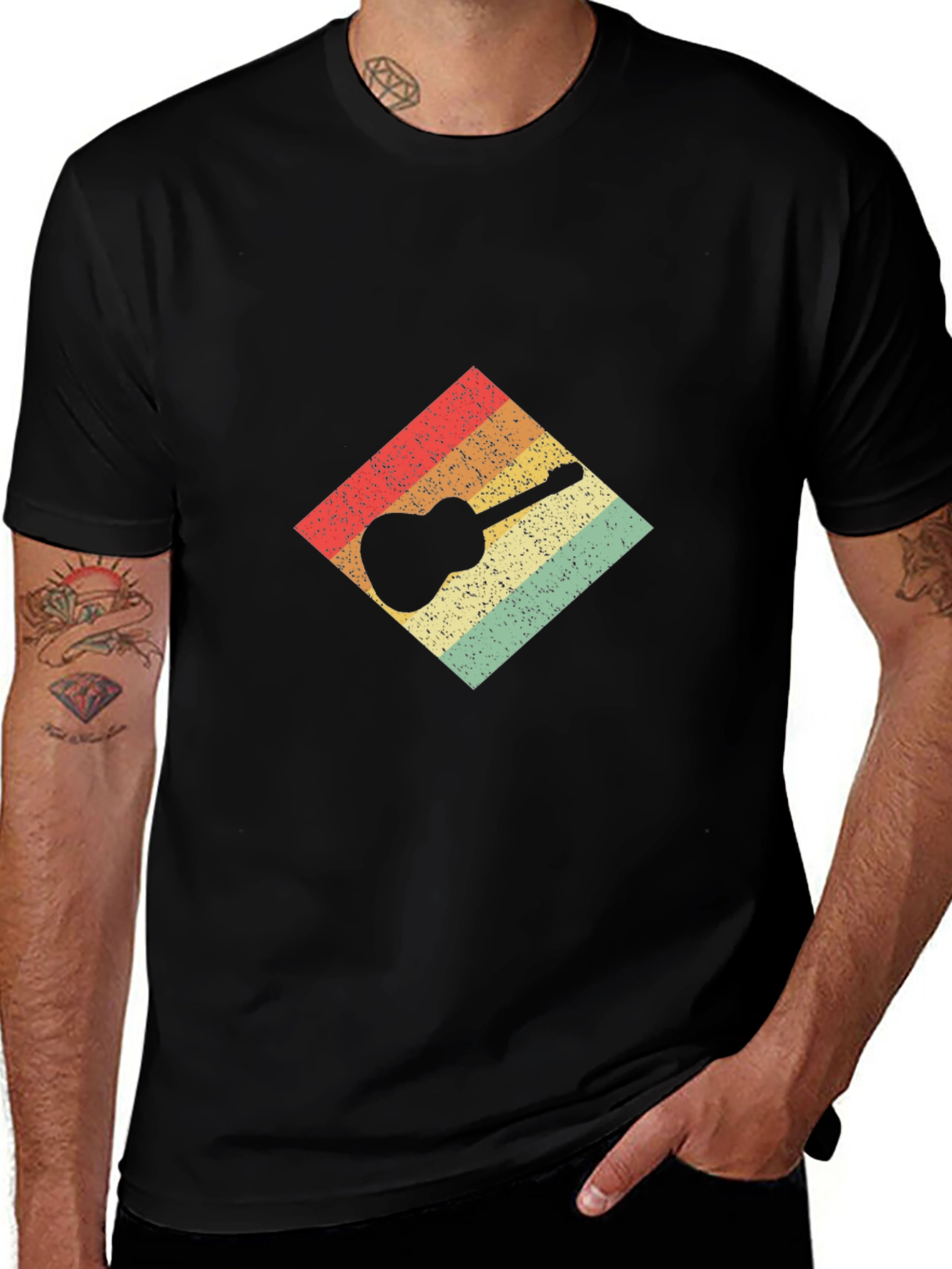 Retro Guitar Graphic Tee - Black Cotton T-Shirt