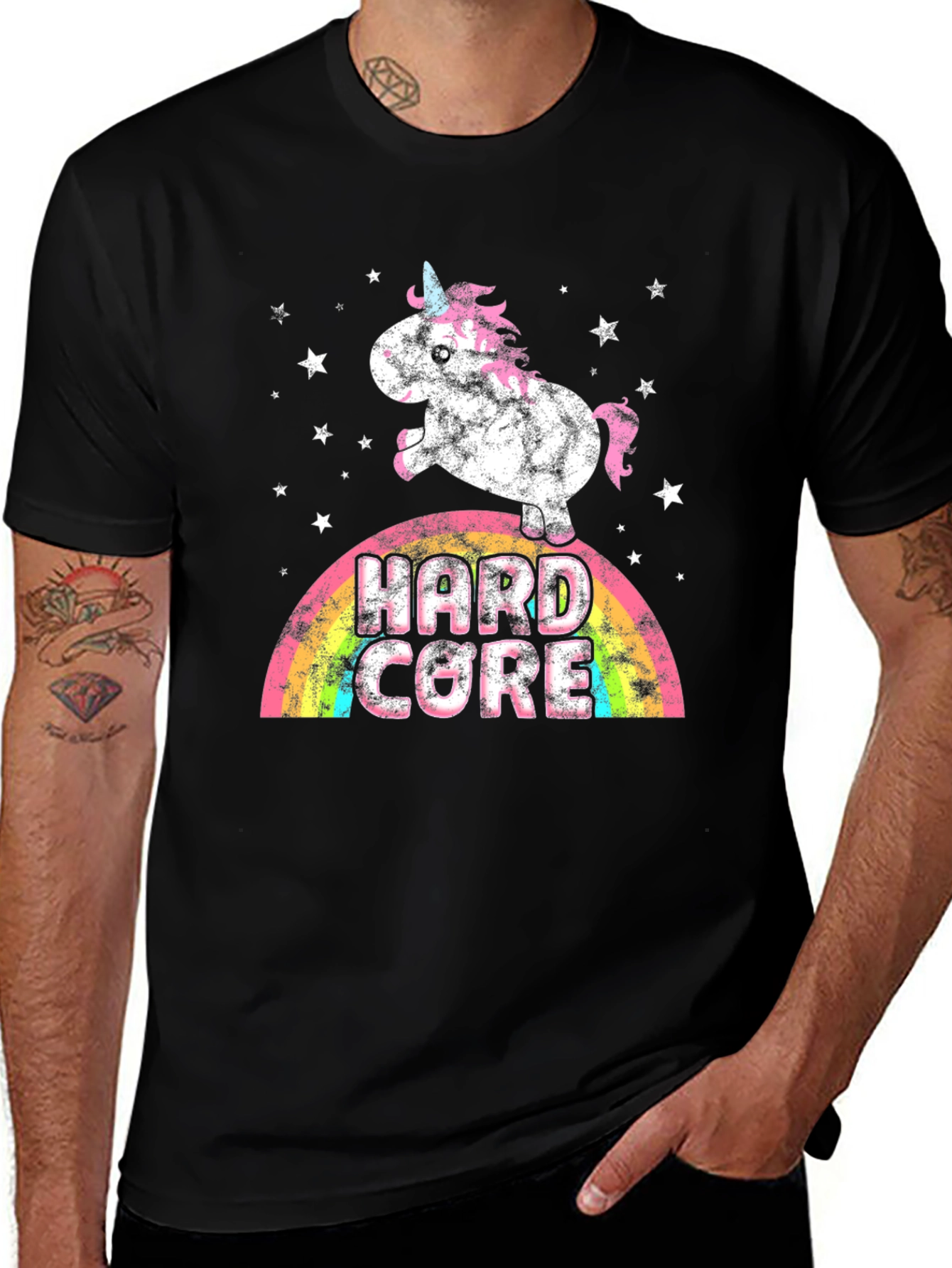 Hard Core Unicorn Rainbow Mens Graphic Tee
