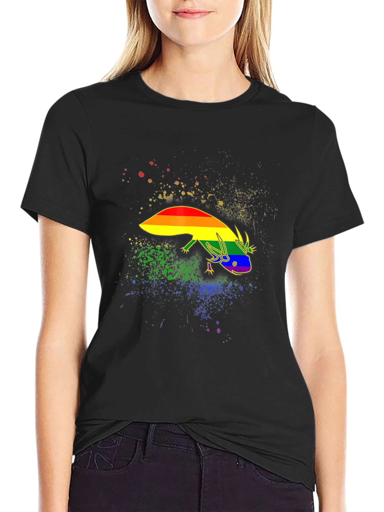 Rainbow Pride Axolotl Black T-Shirt