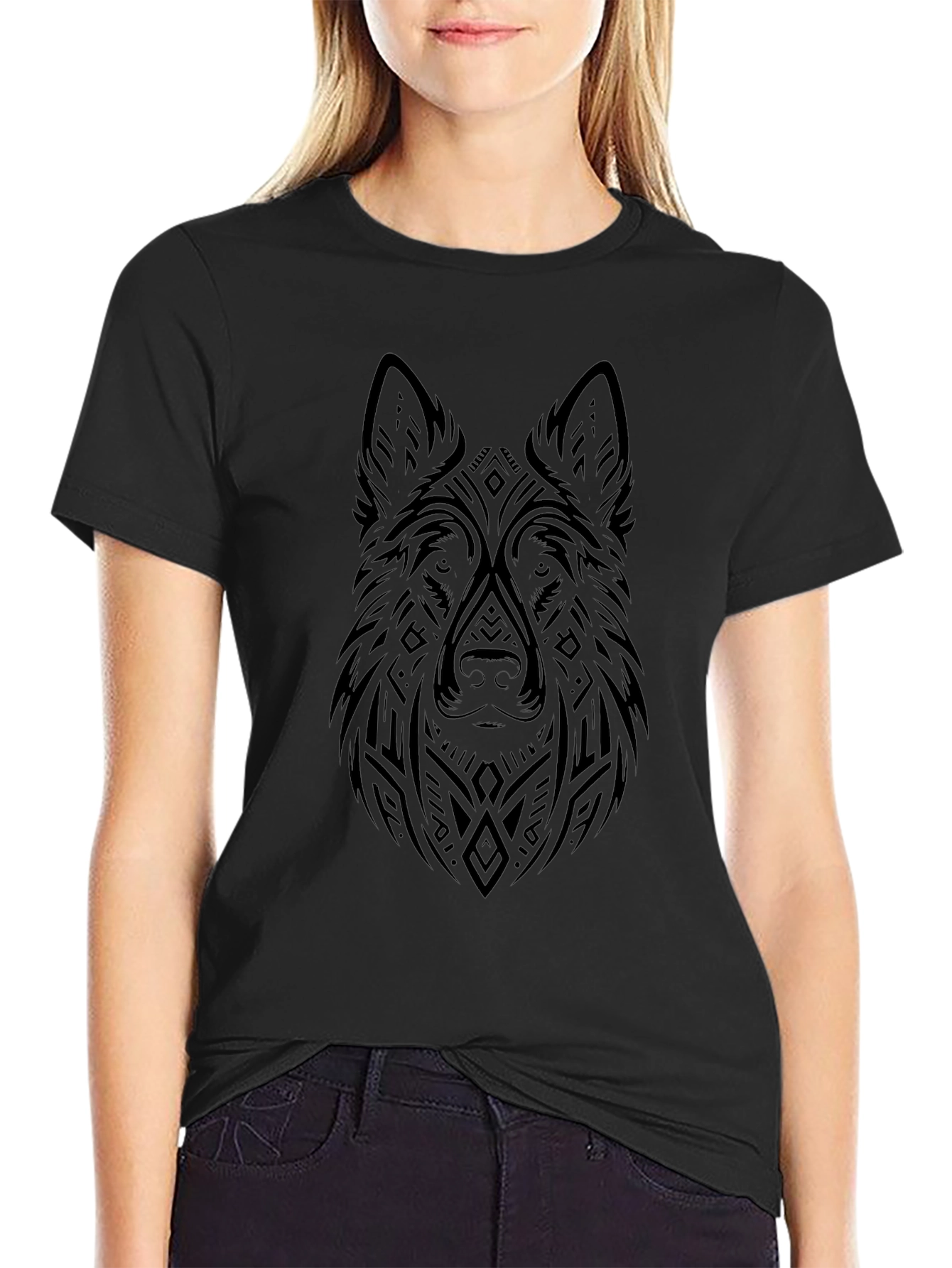 Tribal Wolf Graphic Tee - Black