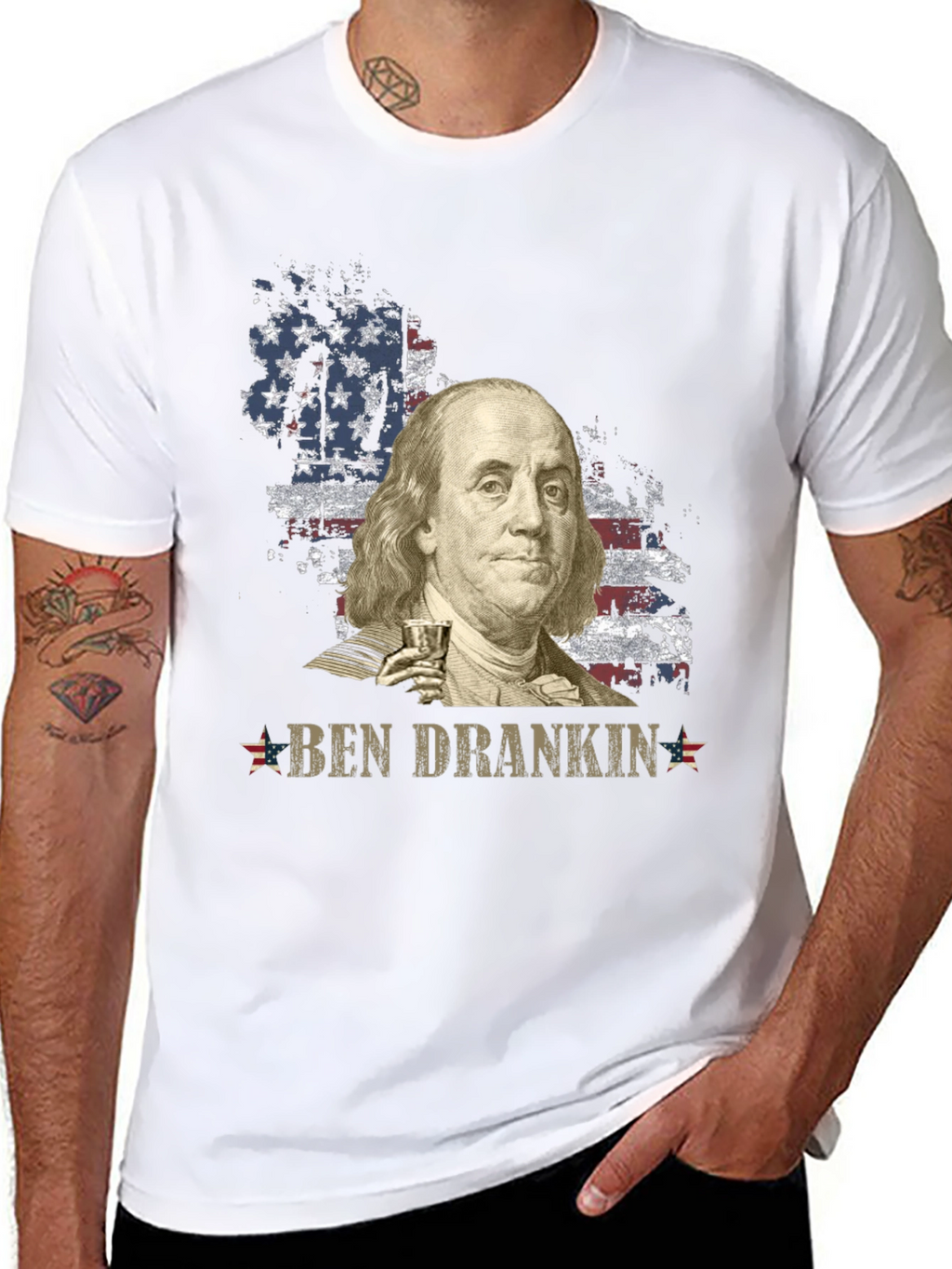 Ben Drankin T-Shirt - Patriotic USA Flag Franklin