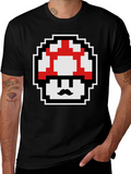 Retro Pixel Mushroom Graphic Tee - Black Cotton Blend