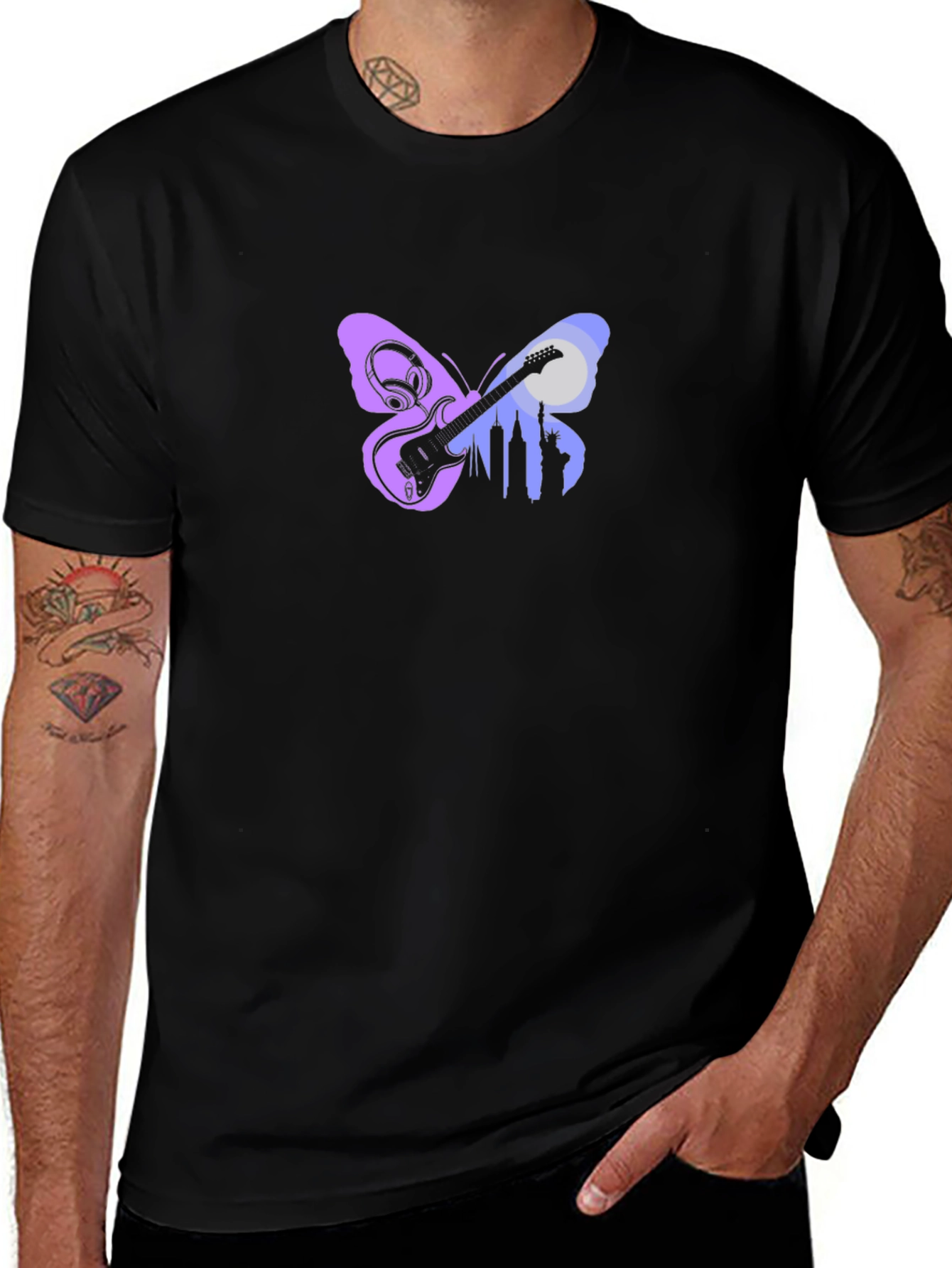 Butterfly Guitar Cityscape Black Graphic Tee