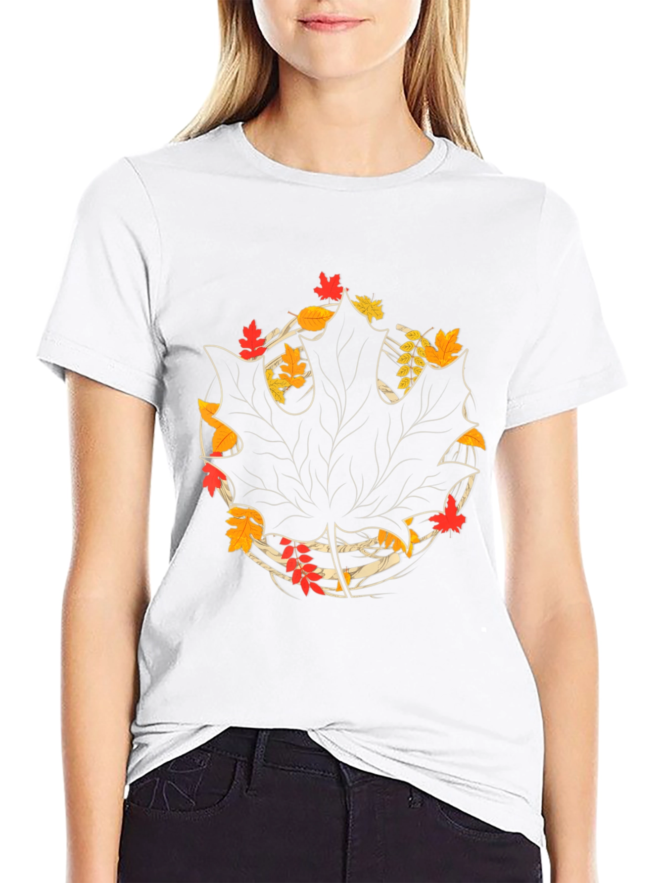 Autumn Leaf Graphic Tee - Black Cotton Casual Shirt
