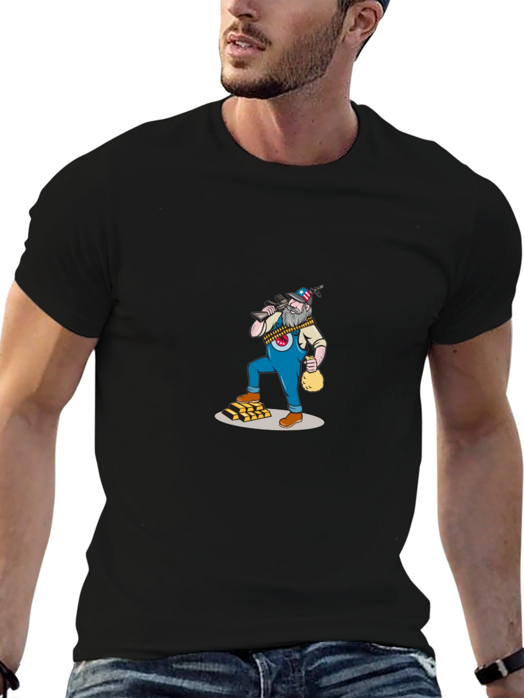 Black T-Shirt with Cartoon Gold Miner Design