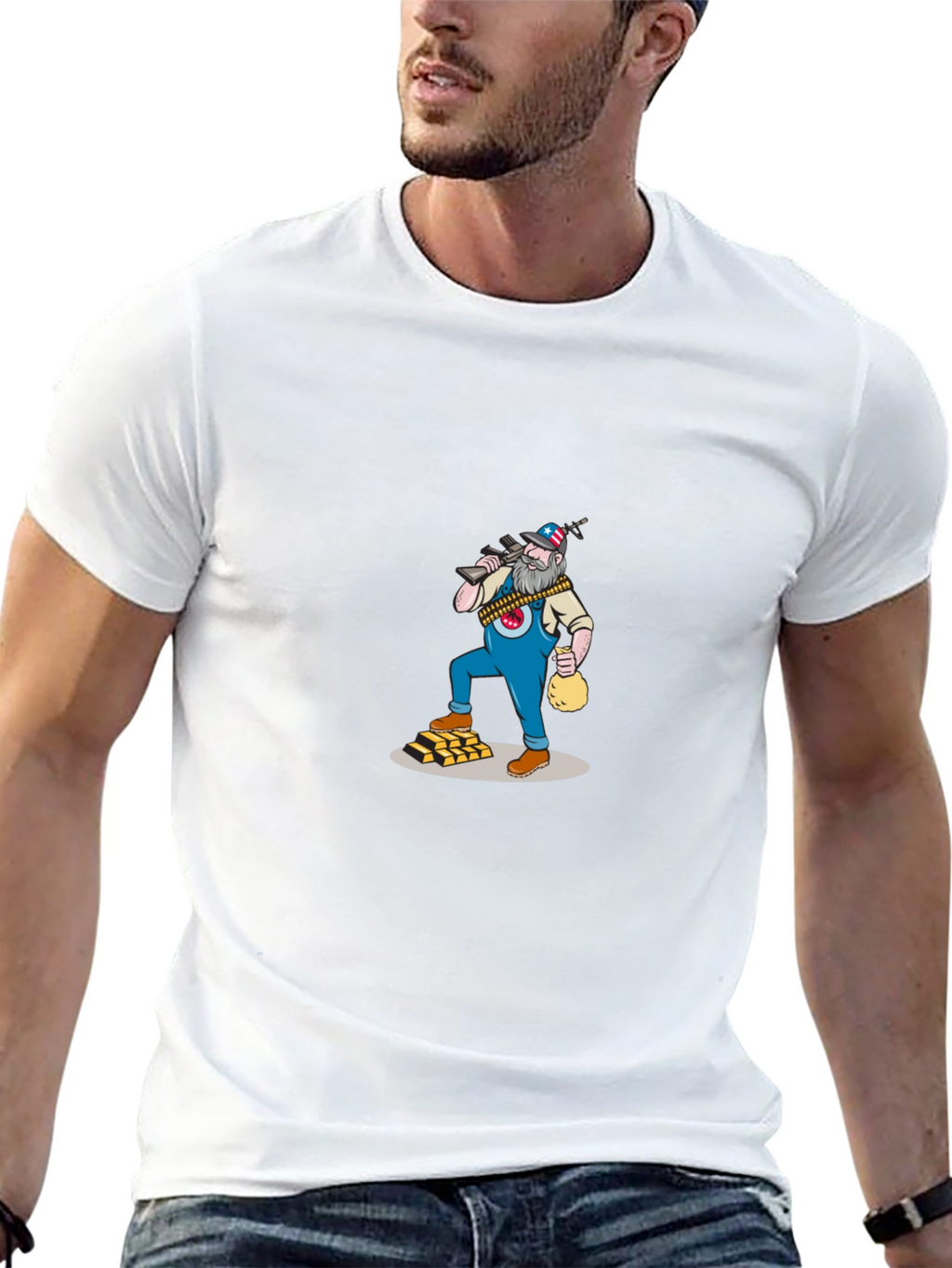 Black T-Shirt with Cartoon Gold Miner Design