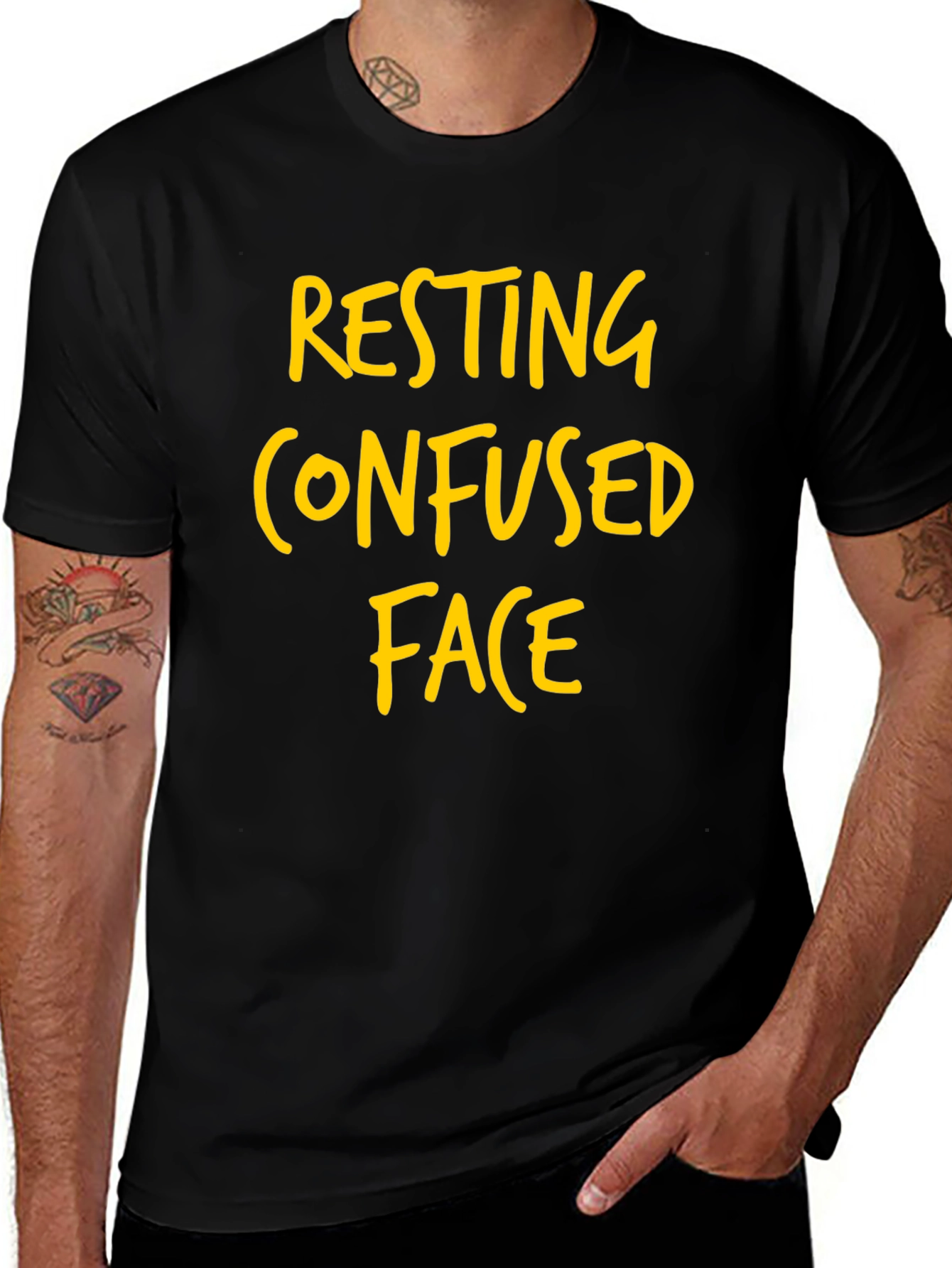 Resting Confused Face Graphic Tee - Black Cotton T-Shirt